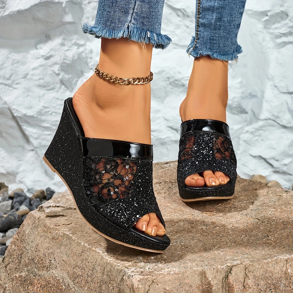 Elegant Lace Wedge Heeled Sandals