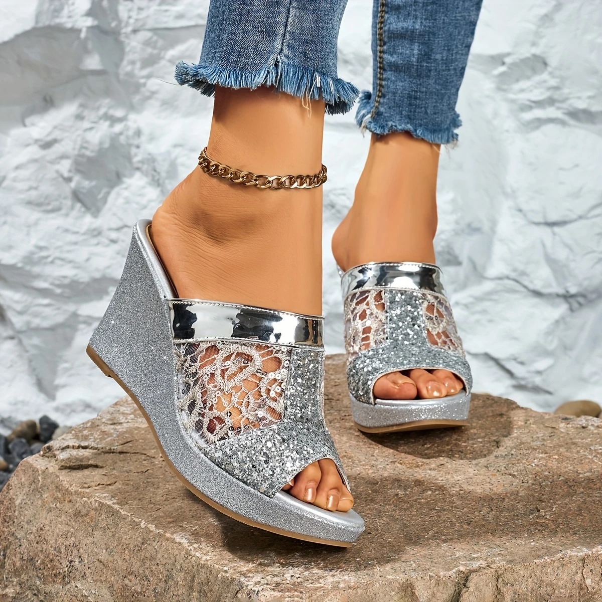 Elegant Lace Wedge Heeled Sandals