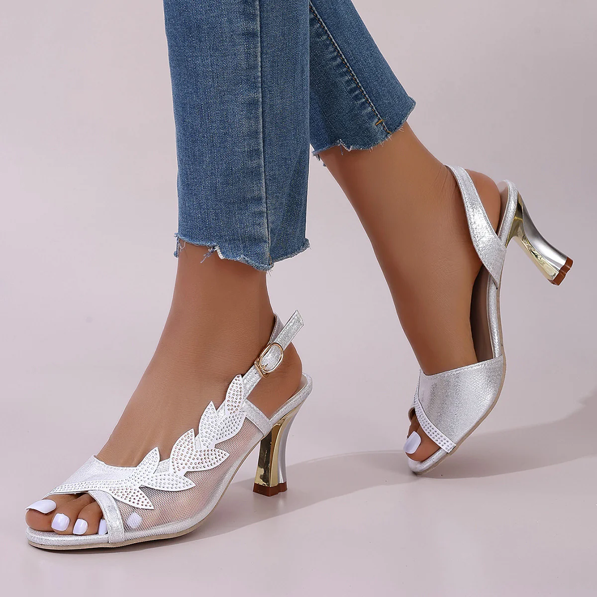 Women's Flower Rhinestone Block Heel Sandals