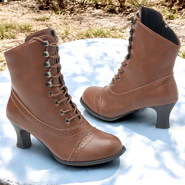 Women's Victorian Brown Lace-Up Mid-Heel Boots