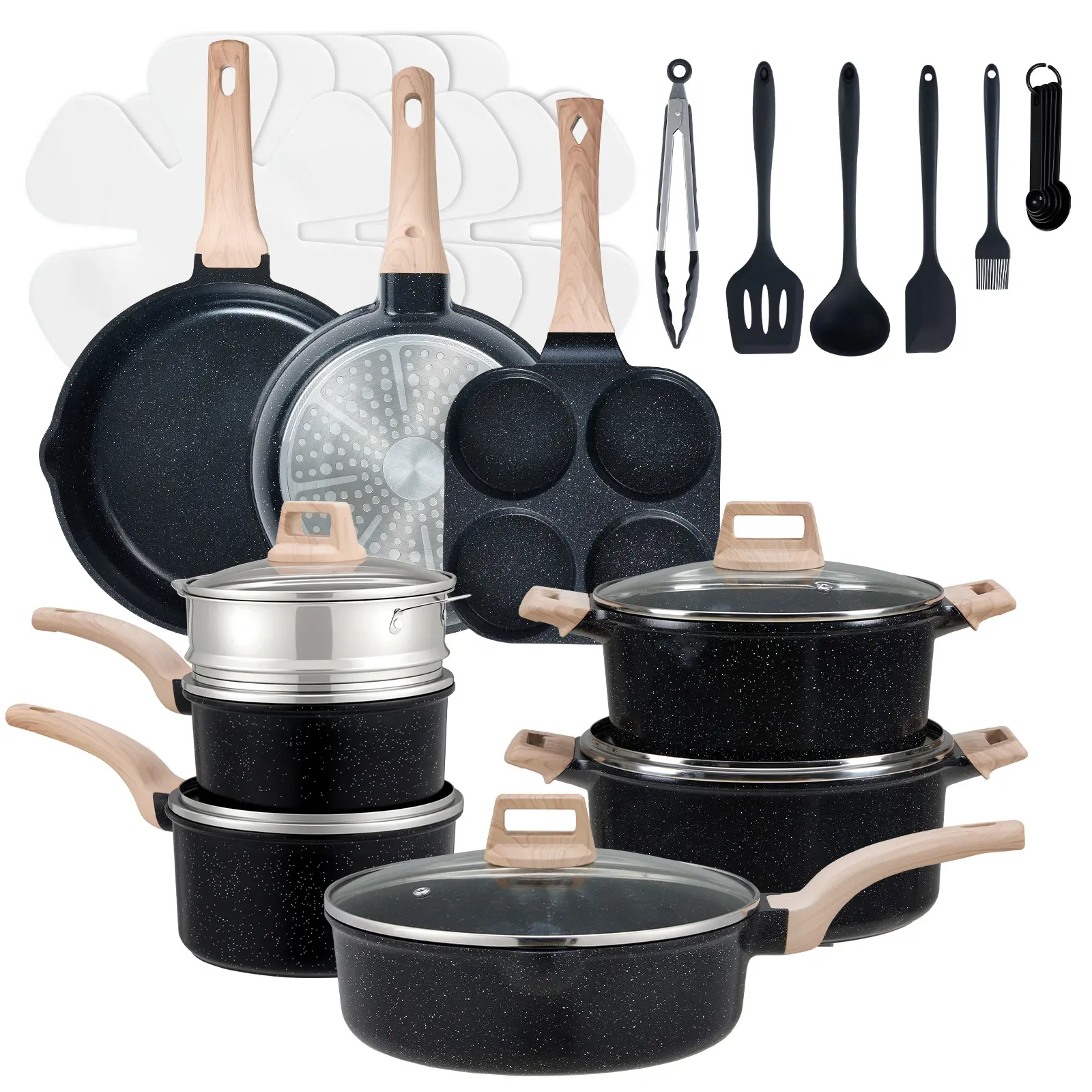 25-Piece Non-Stick Ceramic Granite Cookware Set with Stay-Cool Handles, Induction Compatible Pots and Pans Set for Healthy Cooking