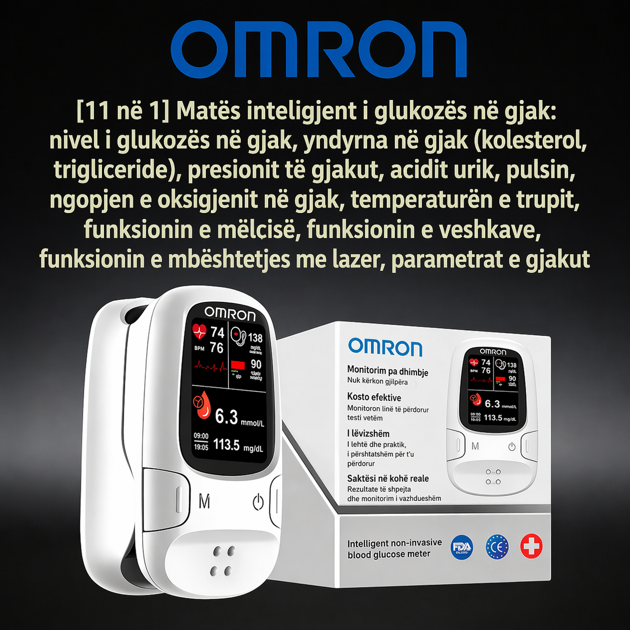 Omron™ 2026 Matës i ri inteligjent i glukozës në gjak 11-në-1 jo-invaziv – Nuk nevojiten gjilpëra, matje e glukozës në gjak pa dhimbje