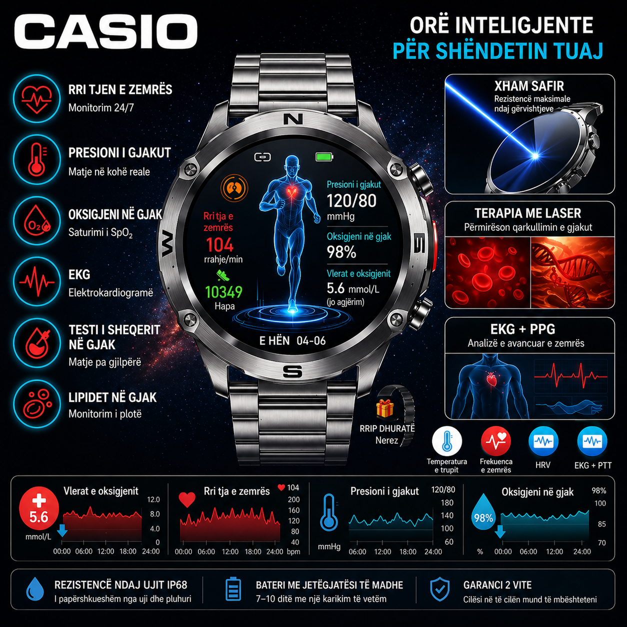 🔥 Modeli më i ri 2026 AI – Orë inteligjente AMOLED stil Casio ⌚ – Monitorim i nivelit të glukozës në gjak 🩸, thirrje Bluetooth 📞, 100+ mënyra sportive 🏃‍♂️