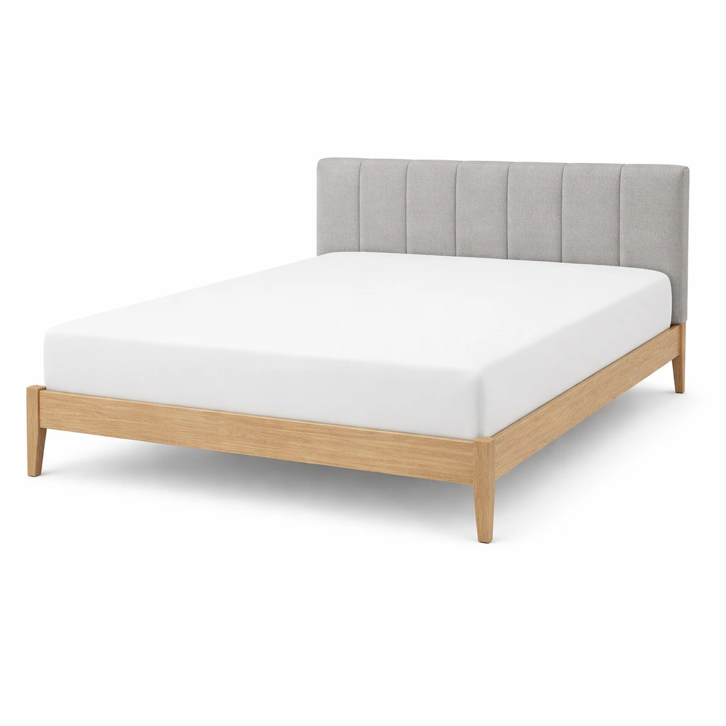 Estructura de cama doble de madera con cabecero tapizado en gris-FURNFINO