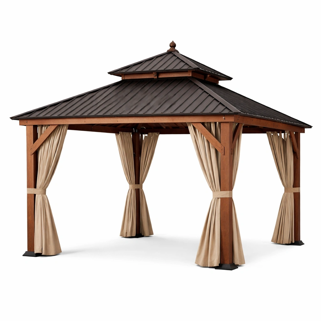 Gazebo de jardín con techo de metal y estructura de madera-FURNFINO