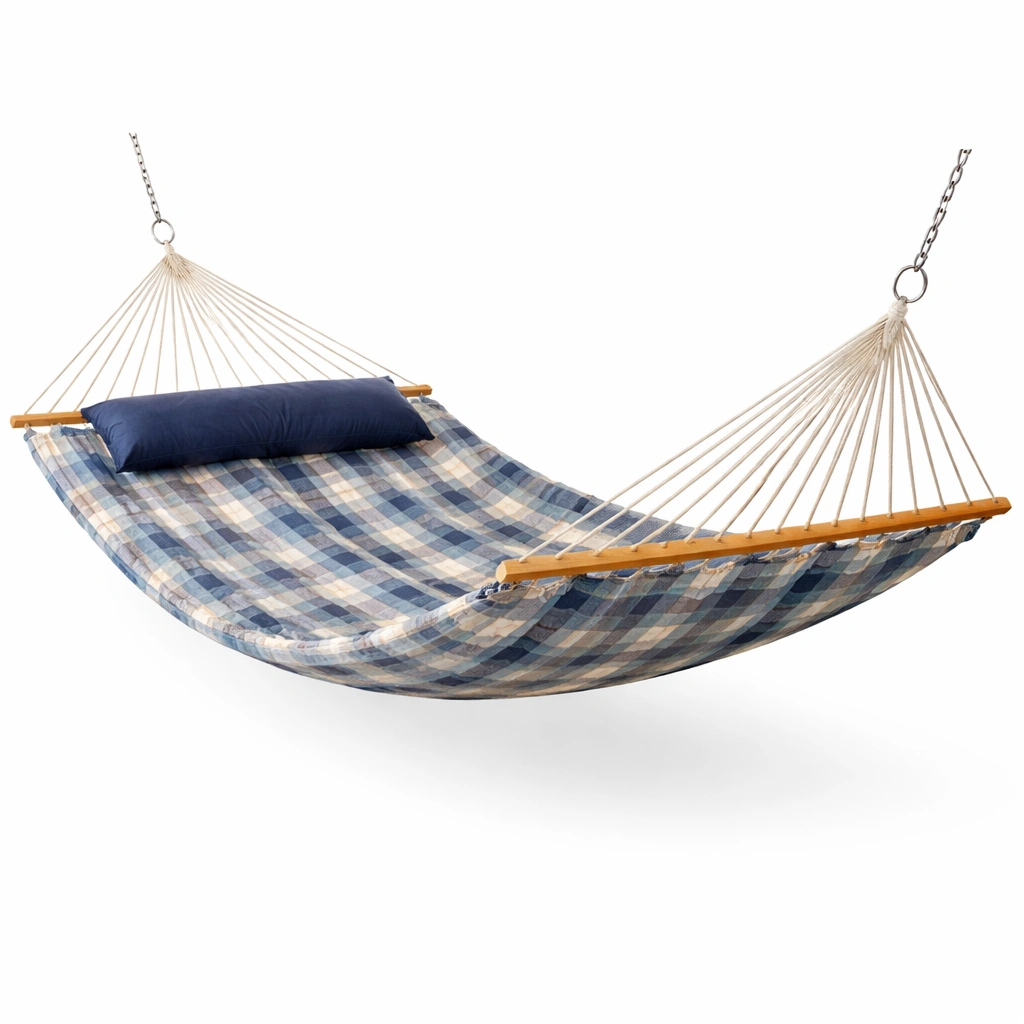 Hamaca de algodón con barra de madera y almohada azul y crema-FURNFINO