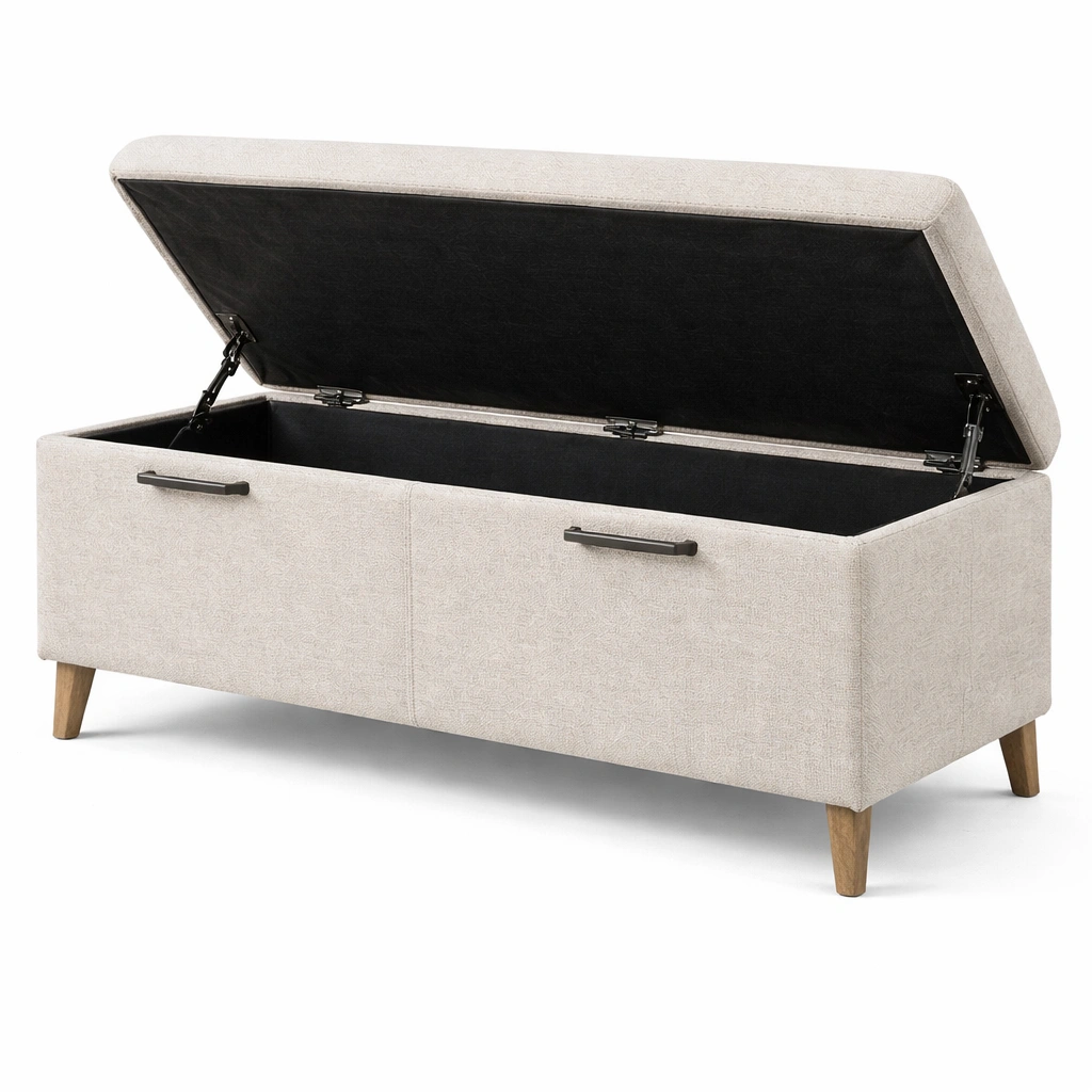Banco con almacenamiento de tela de lino beige con patas de madera-LIVNIRA
