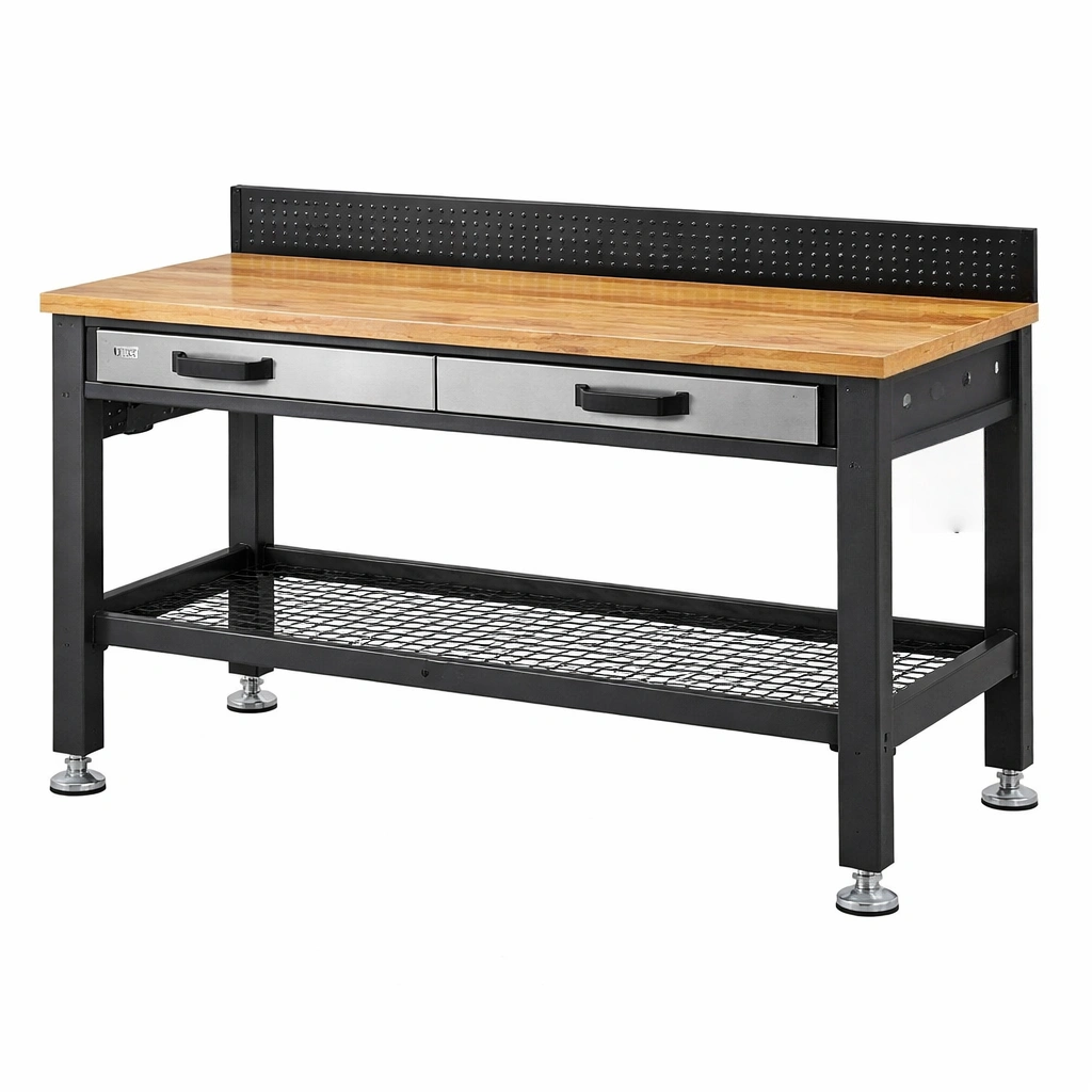 Banco de trabajo de acero y madera con cajones negro 150x60x90 cm-LIVNIRA