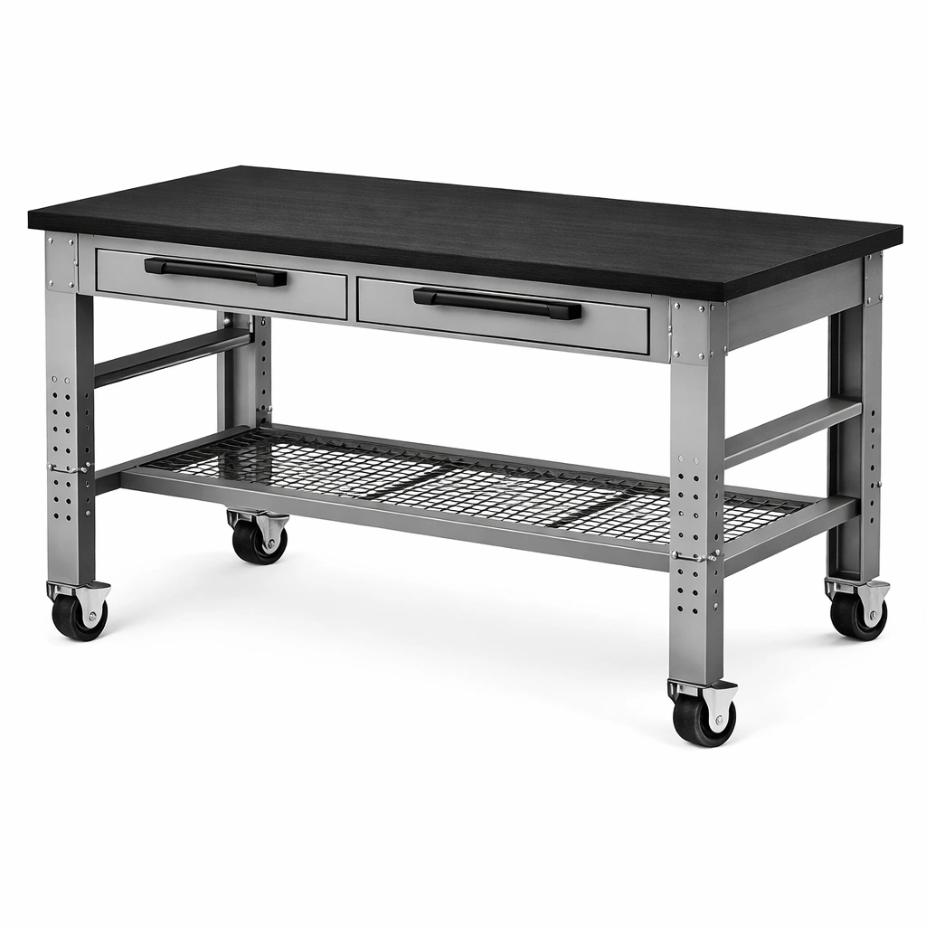 Banco de trabajo de metal con superficie de madera y ruedas 122x61x91 cm-LIVNIRA