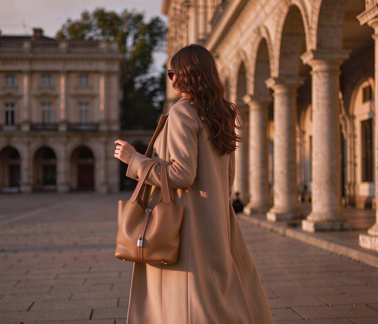 Woman in a camel wool coat carrying a cognac-tan leather bucket tote with a silver padlock on its front strap, walking through a colonnaded stone square at golden hour