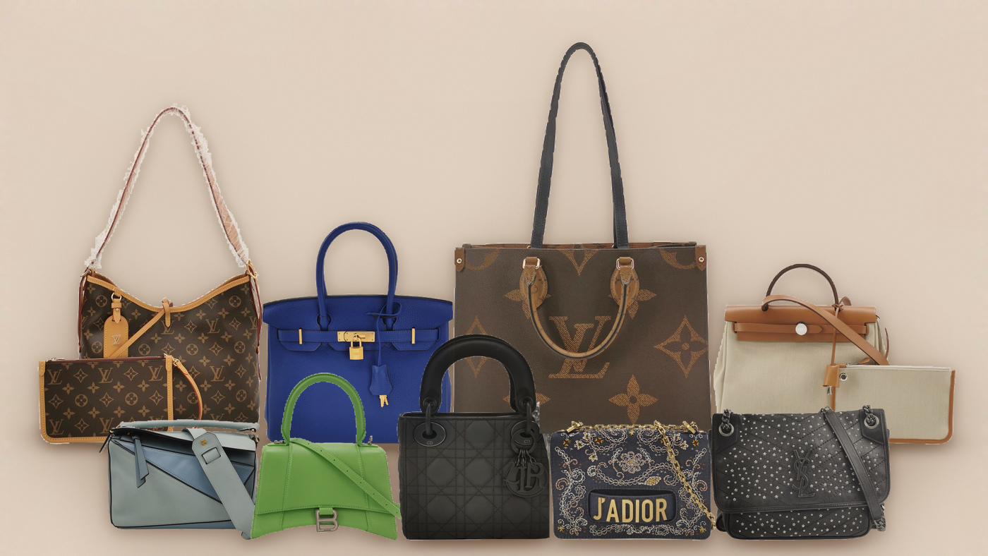 Nine pre-owned designer handbags — Louis Vuitton, HERMÈS, Dior, Loewe, Saint Laurent and Balenciaga — photographed in our studio