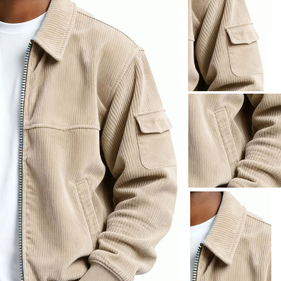 Close-up of corduroy texture and jacket details