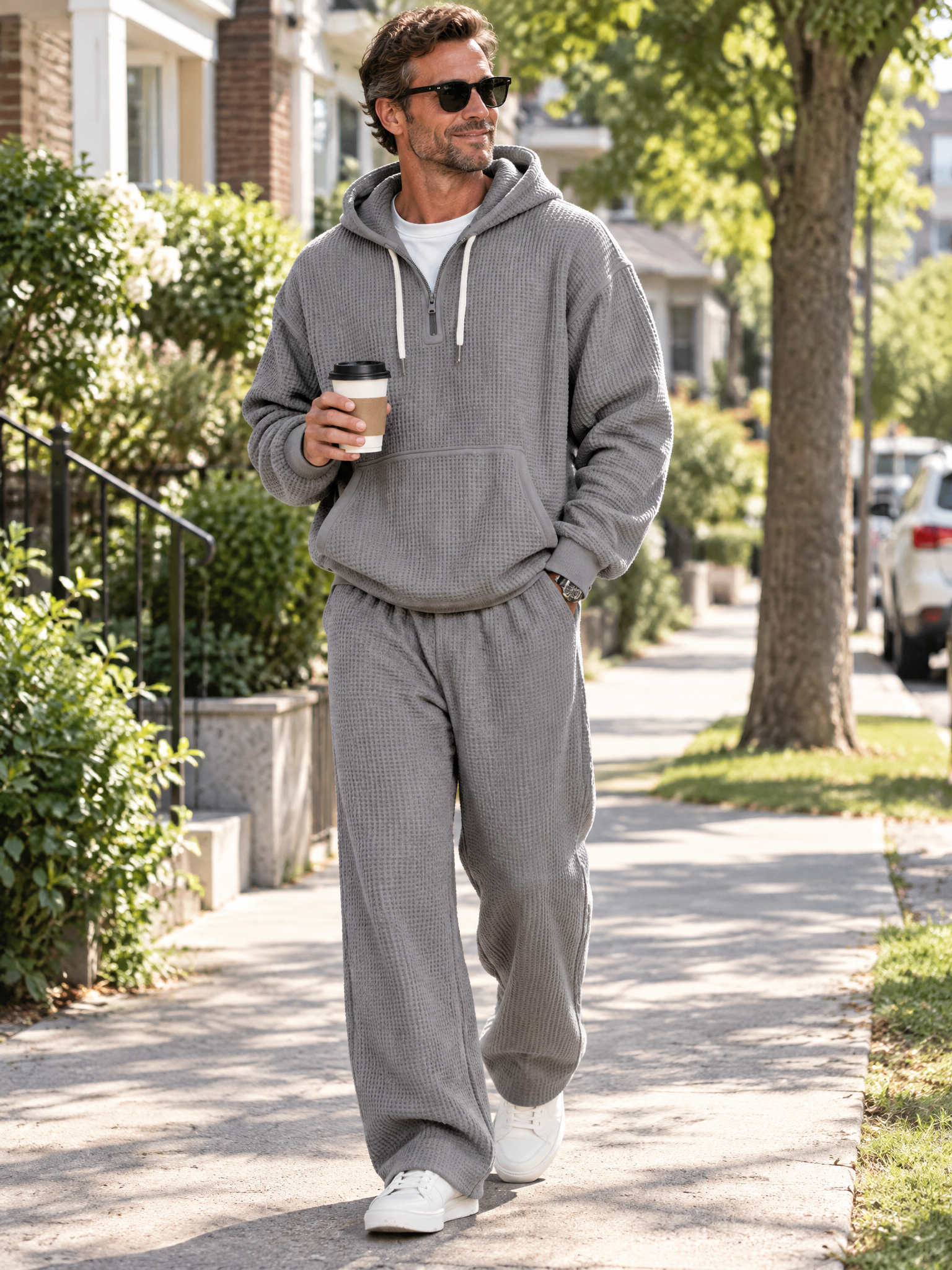 Casual Solid Color Versatile Waffle Knit Sweatshirt and Trousers Two-Piece Set