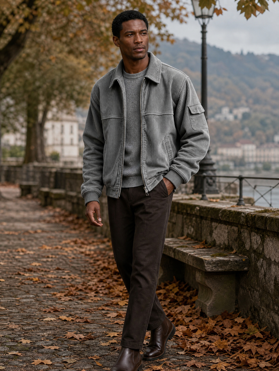Corduroy jacket with sweater and boots