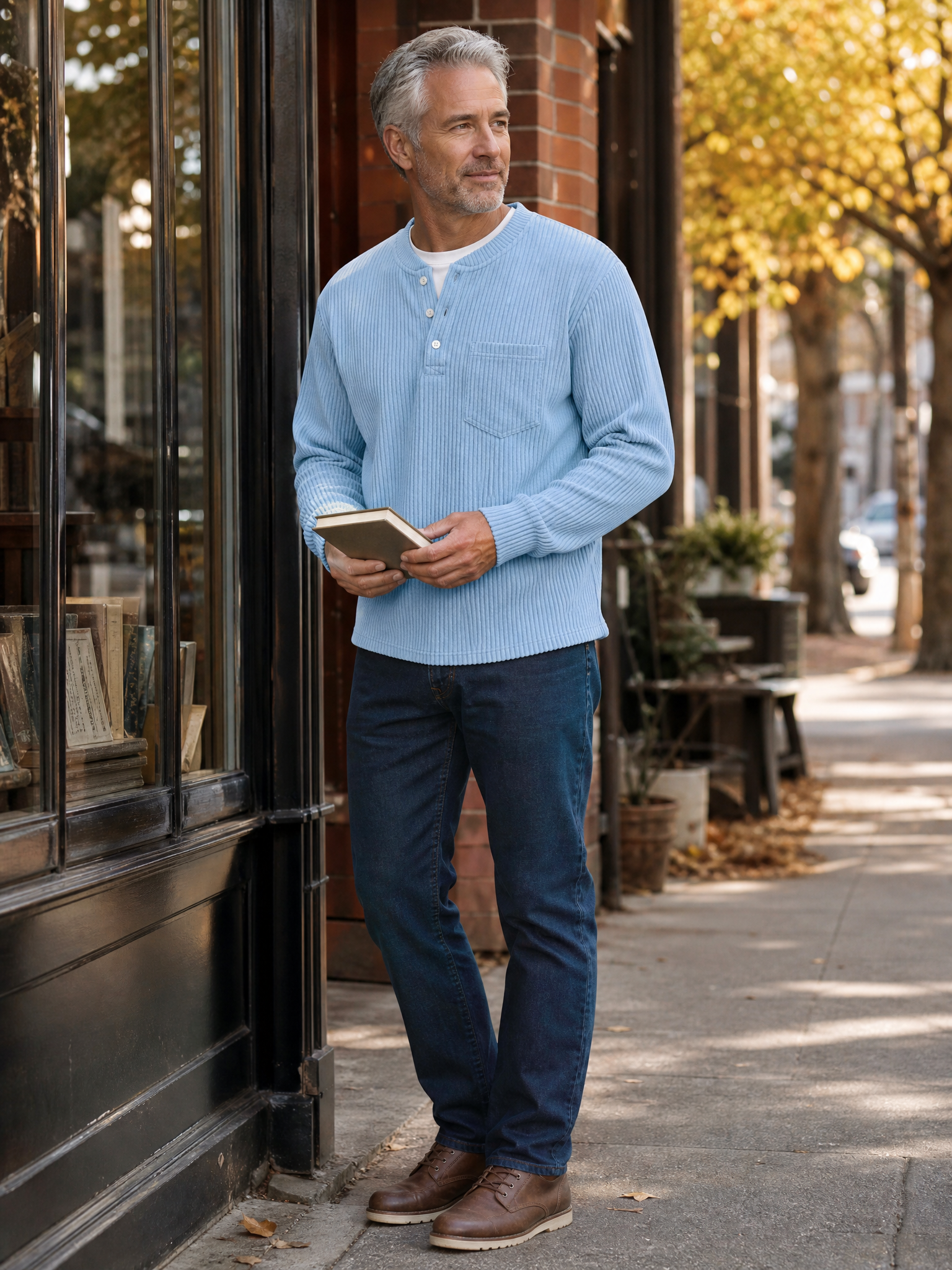 Corduroy Texture & Henley Button Detail