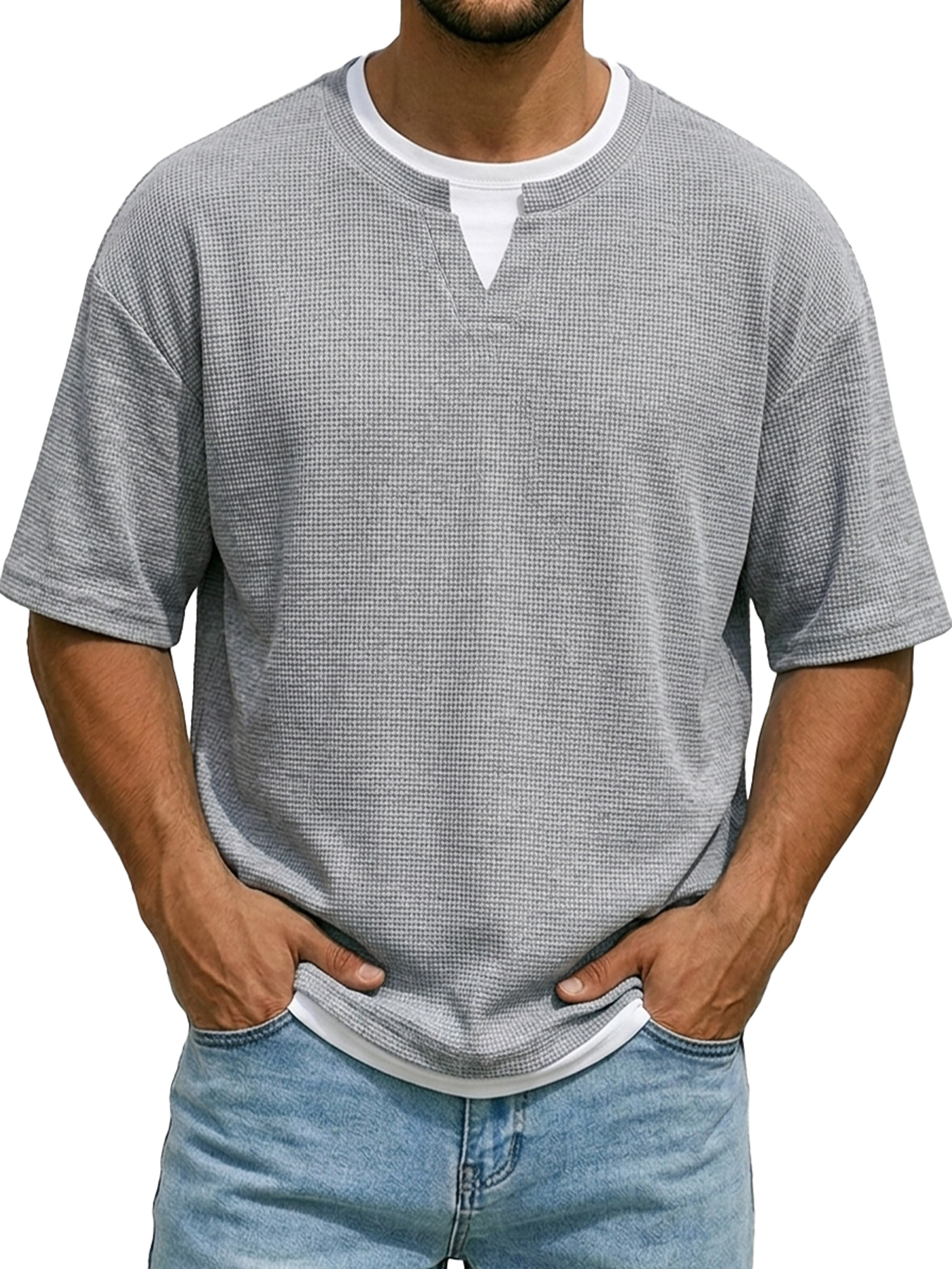 Men's Waffle-knit Faux Two-piece Casual Short-sleeved T-shirt