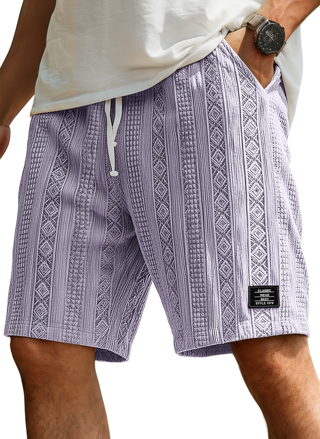 Men's Casual Jacquard Textured Shorts With Embroidered Logo And Elastic Waistband