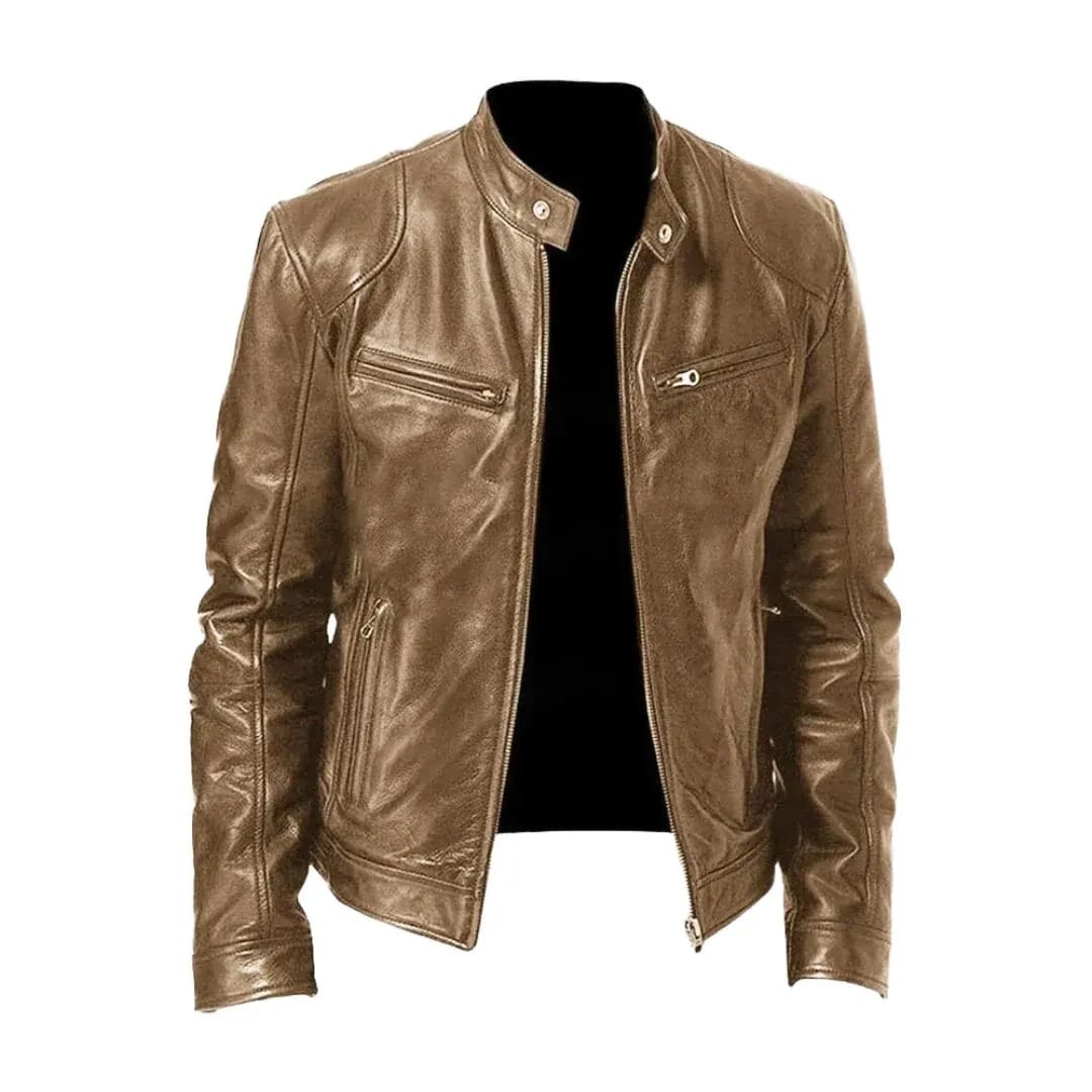 Men's Leather Racer Jacket with Stand Collar & Zip Pockets