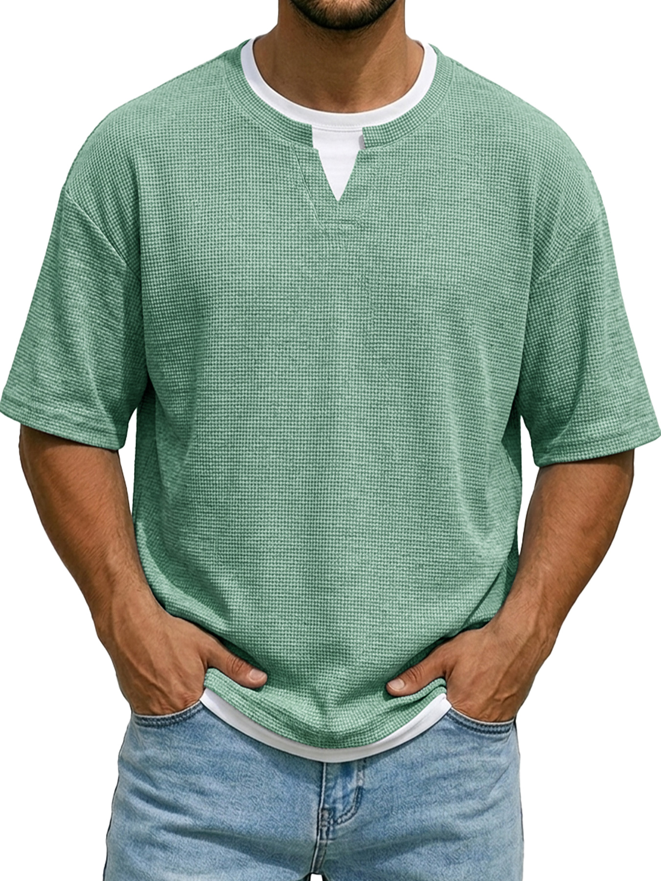 Men's Waffle-knit Faux Two-piece Casual Short-sleeved T-shirt