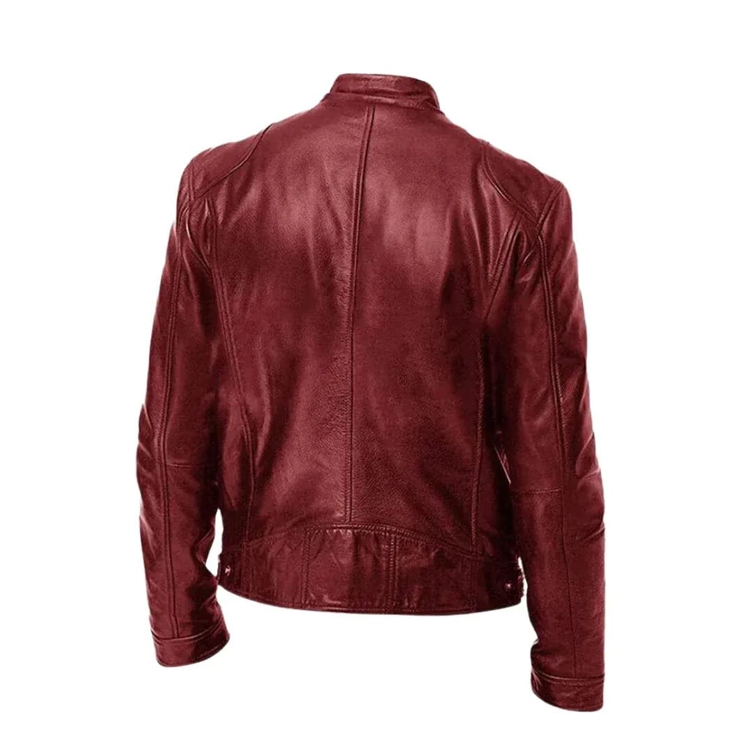 Men's Leather Racer Jacket with Stand Collar & Zip Pockets