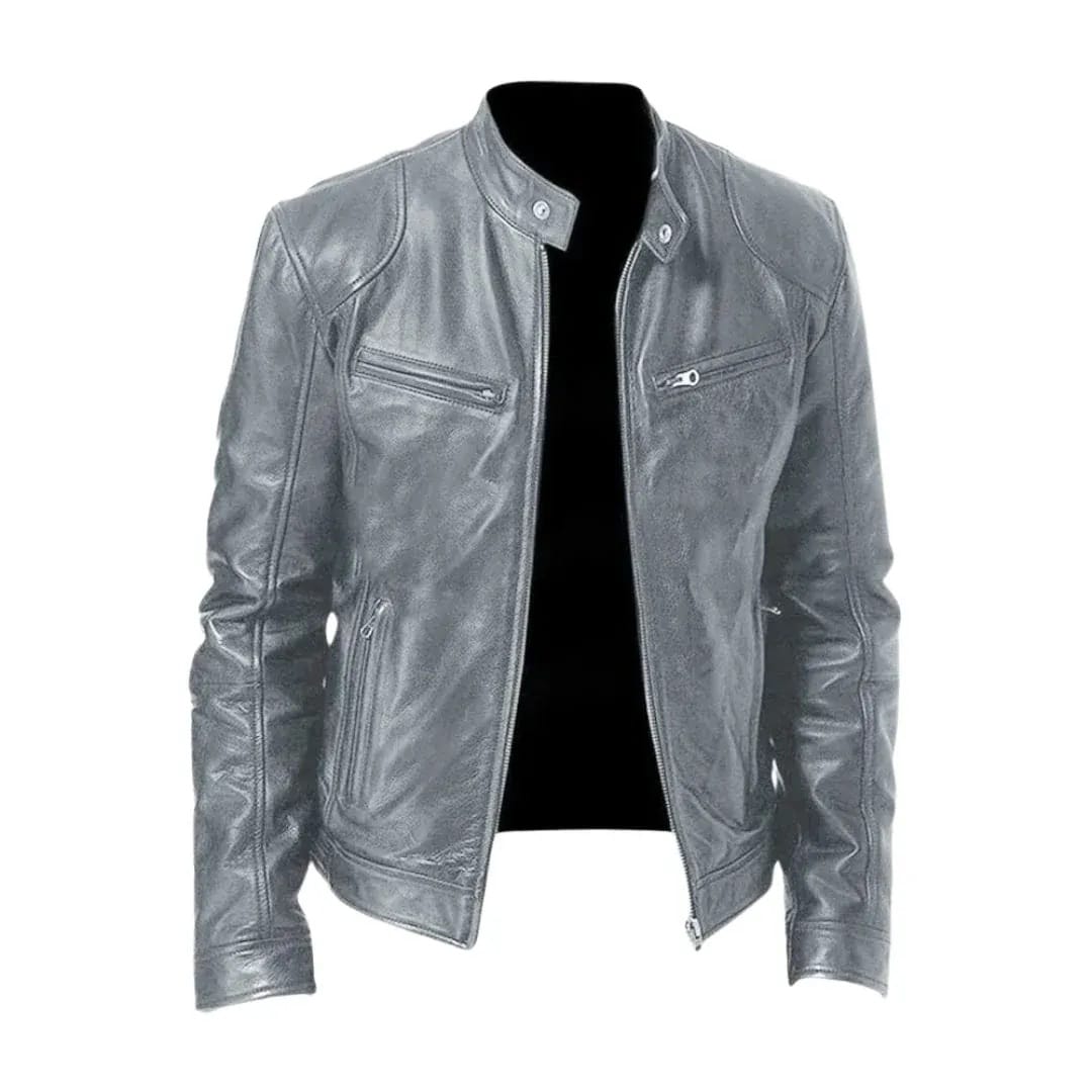 Men's Leather Racer Jacket with Stand Collar & Zip Pockets