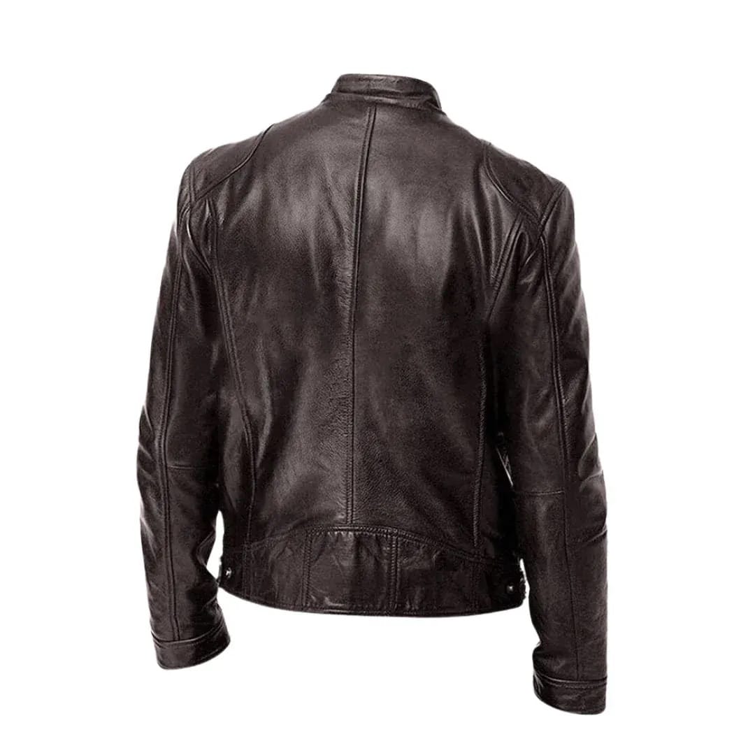 Men's Leather Racer Jacket with Stand Collar & Zip Pockets