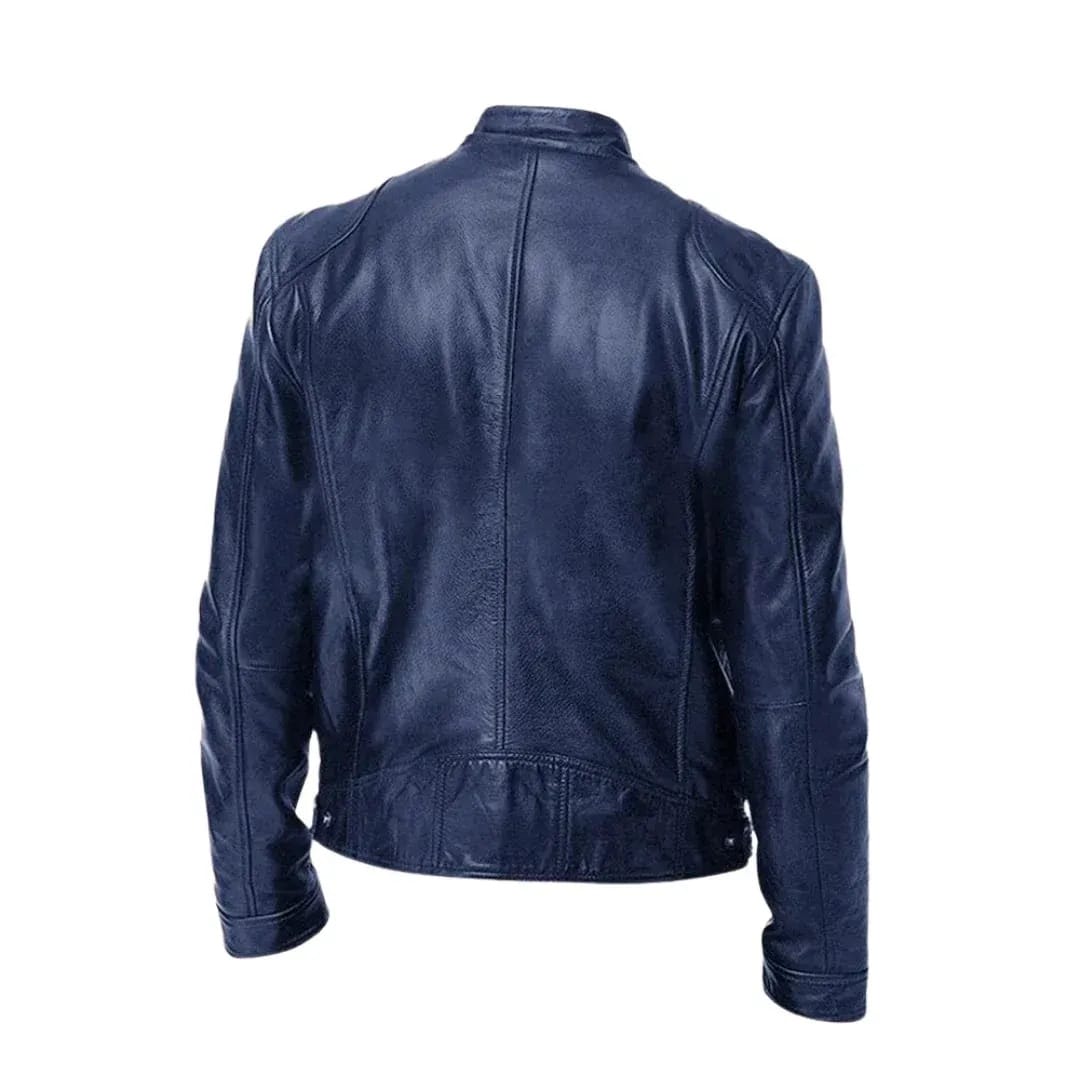 Men's Leather Racer Jacket with Stand Collar & Zip Pockets