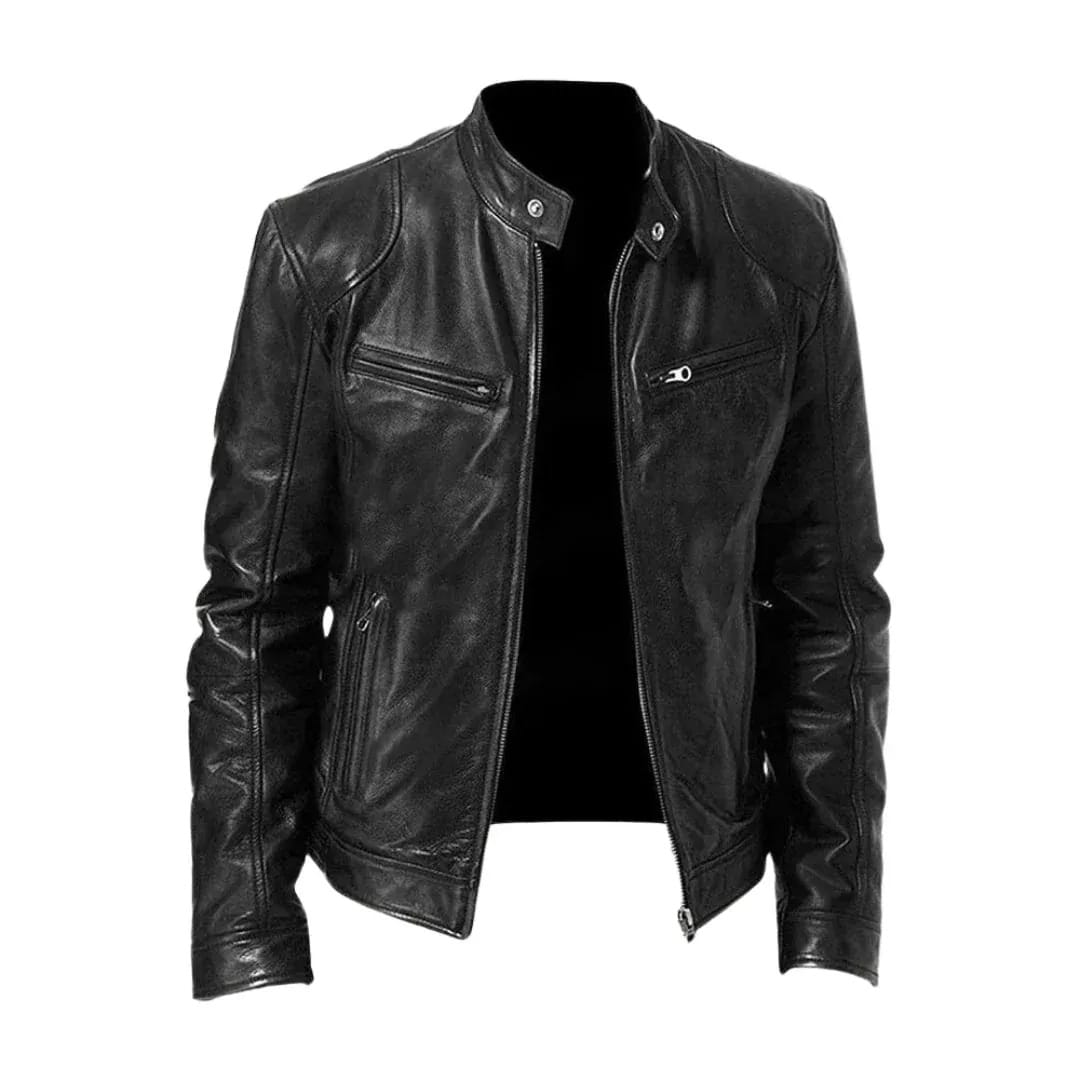 Men's Leather Racer Jacket with Stand Collar & Zip Pockets