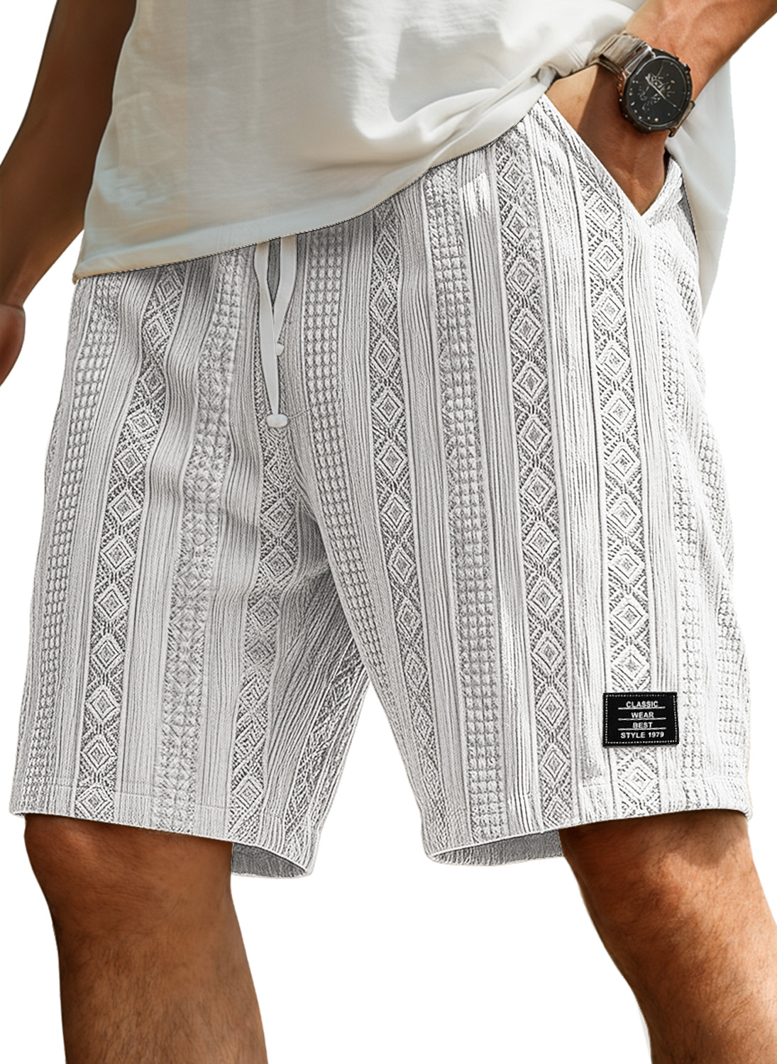 Men's Casual Jacquard Textured Shorts With Embroidered Logo And Elastic Waistband