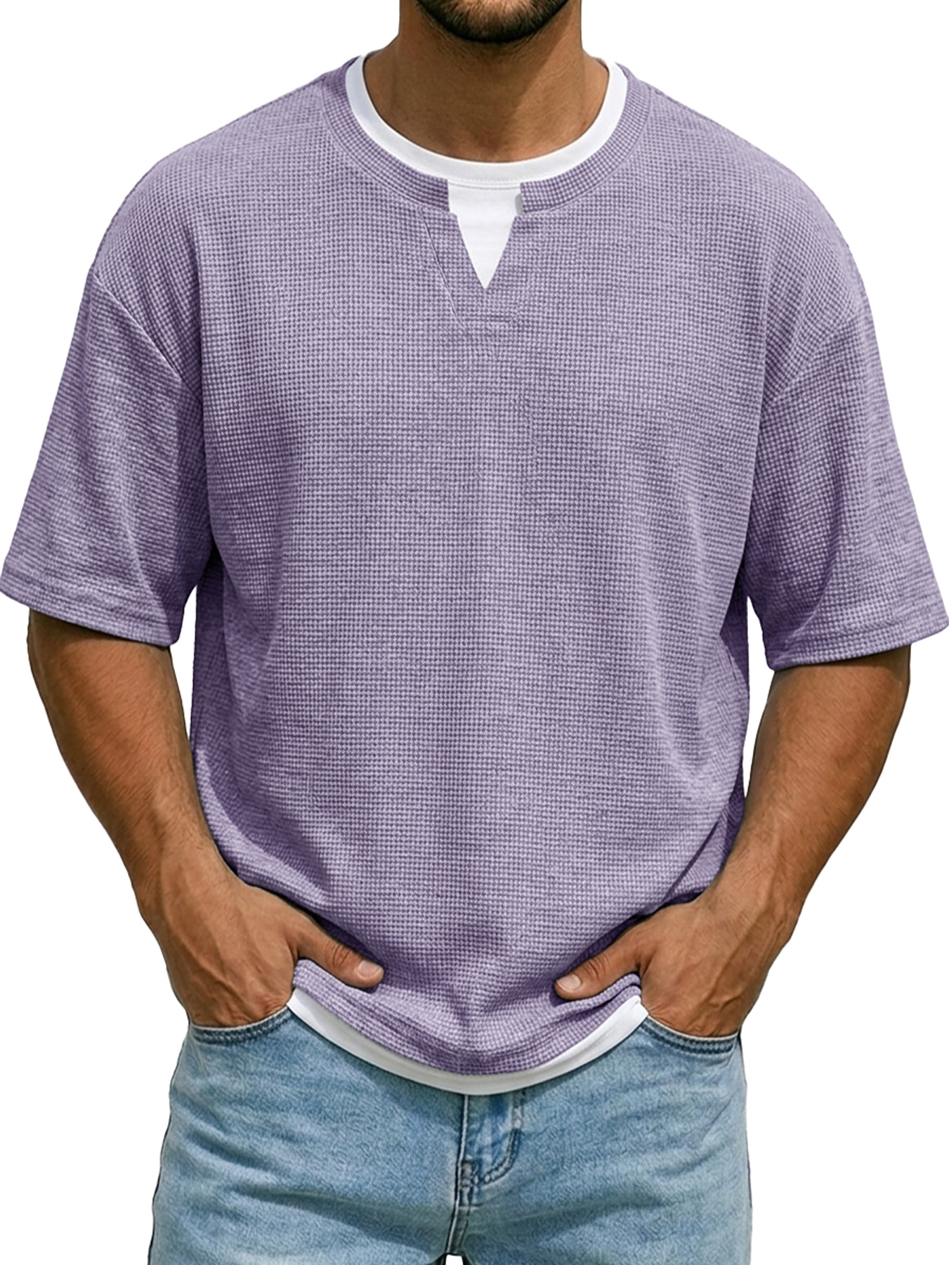 Men's Waffle-knit Faux Two-piece Casual Short-sleeved T-shirt