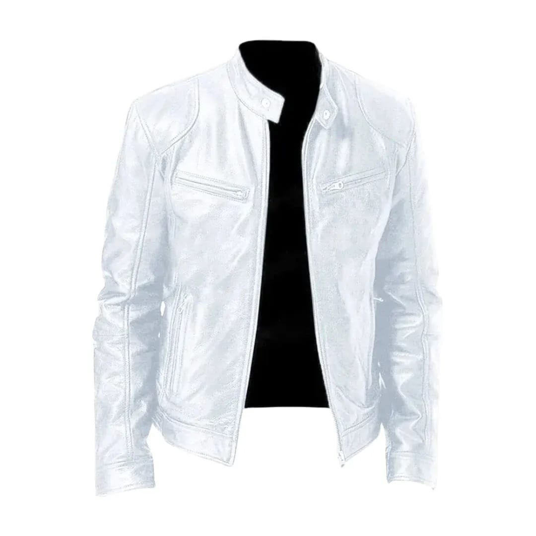 Men's Leather Racer Jacket with Stand Collar & Zip Pockets