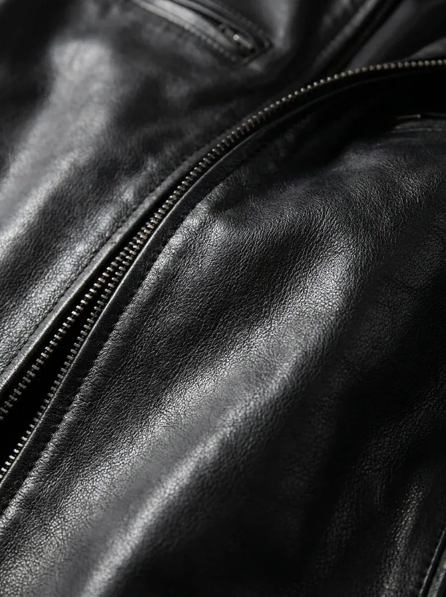 Men's Leather Racer Jacket with Stand Collar & Zip Pockets