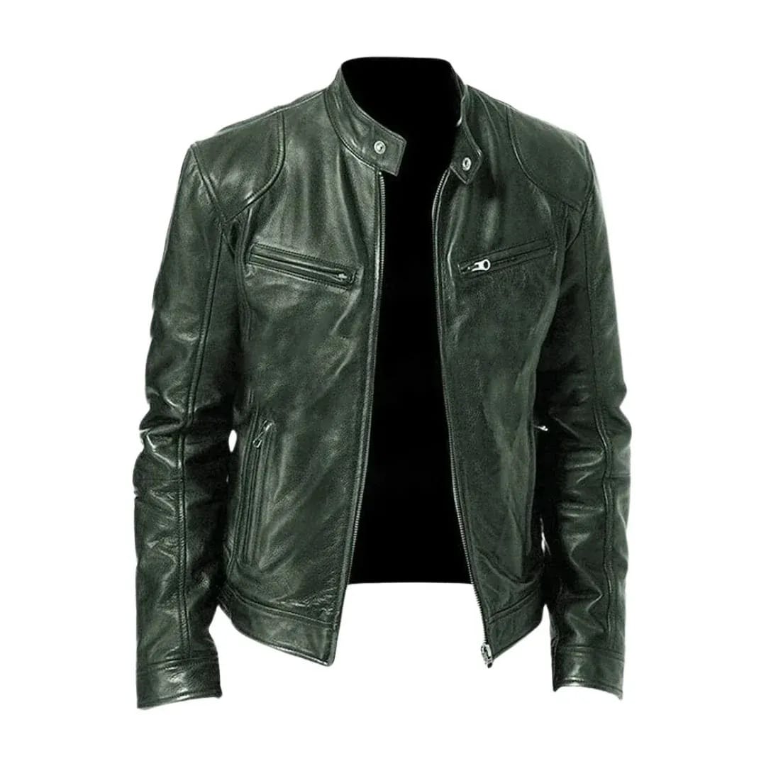 Men's Leather Racer Jacket with Stand Collar & Zip Pockets