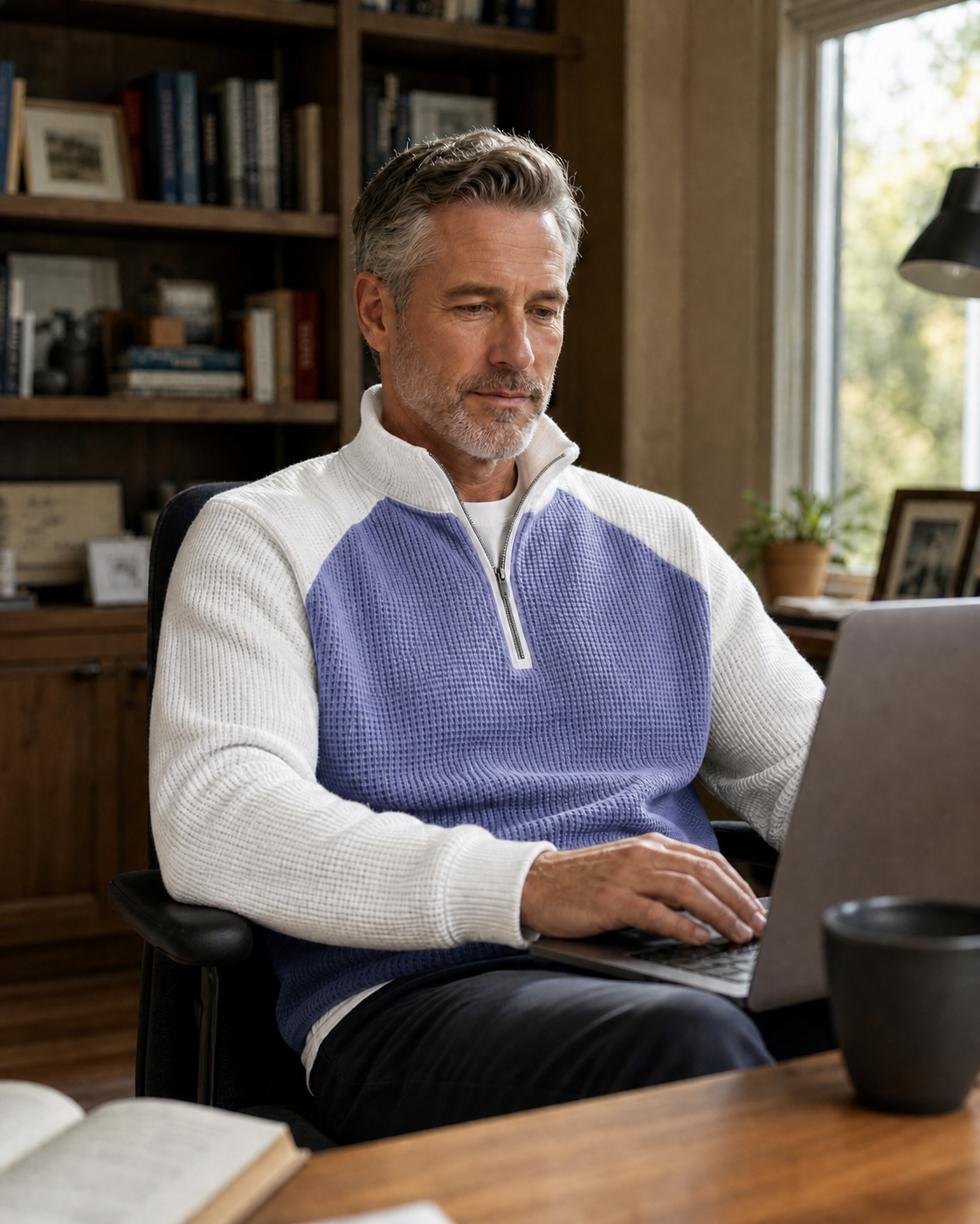 Man wearing waffle pullover on weekend