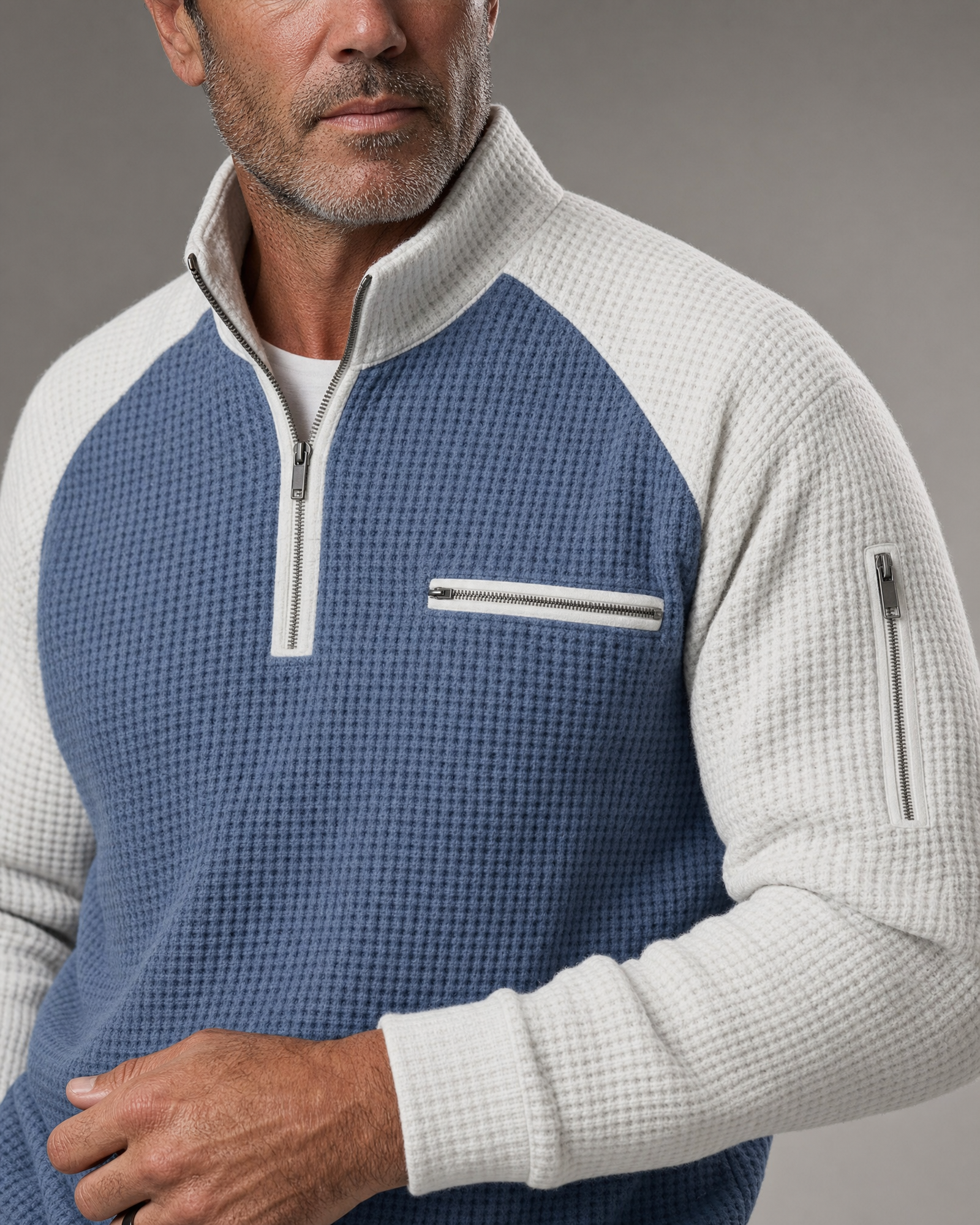 Waffle knit texture stand collar and zip details