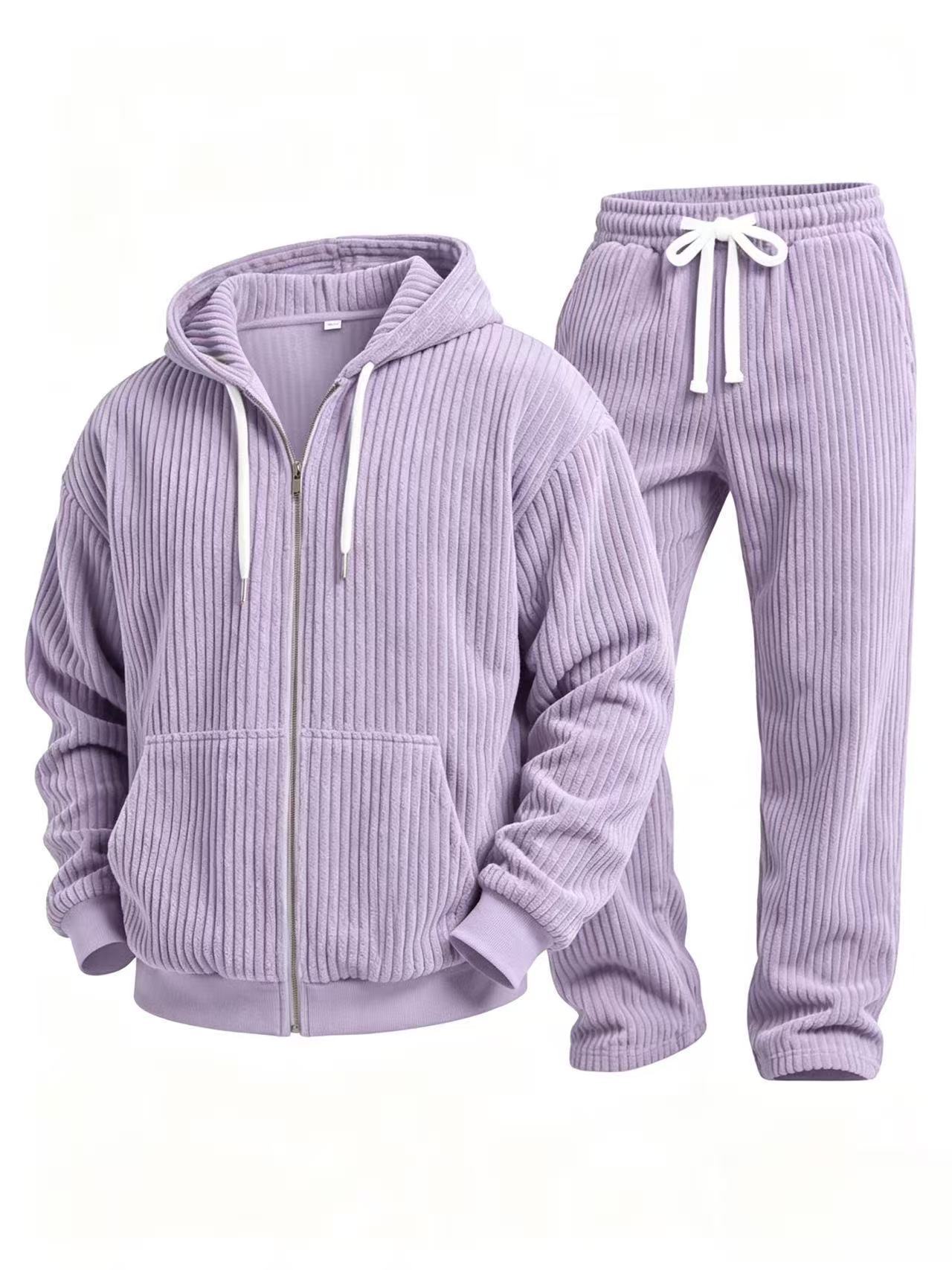 Corduroy solid color long sleeve hooded jacket and pants suit