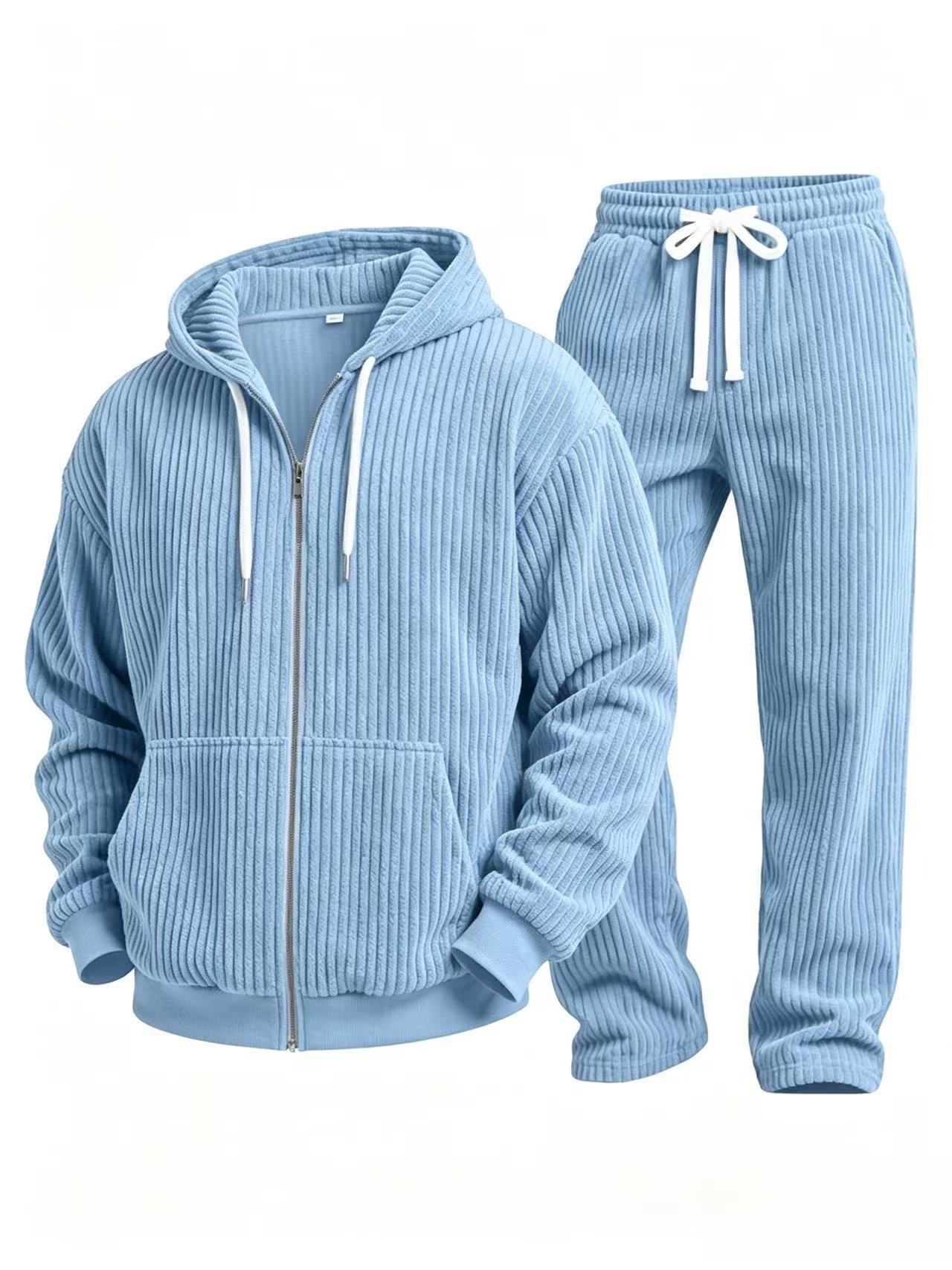 Corduroy solid color long sleeve hooded jacket and pants suit