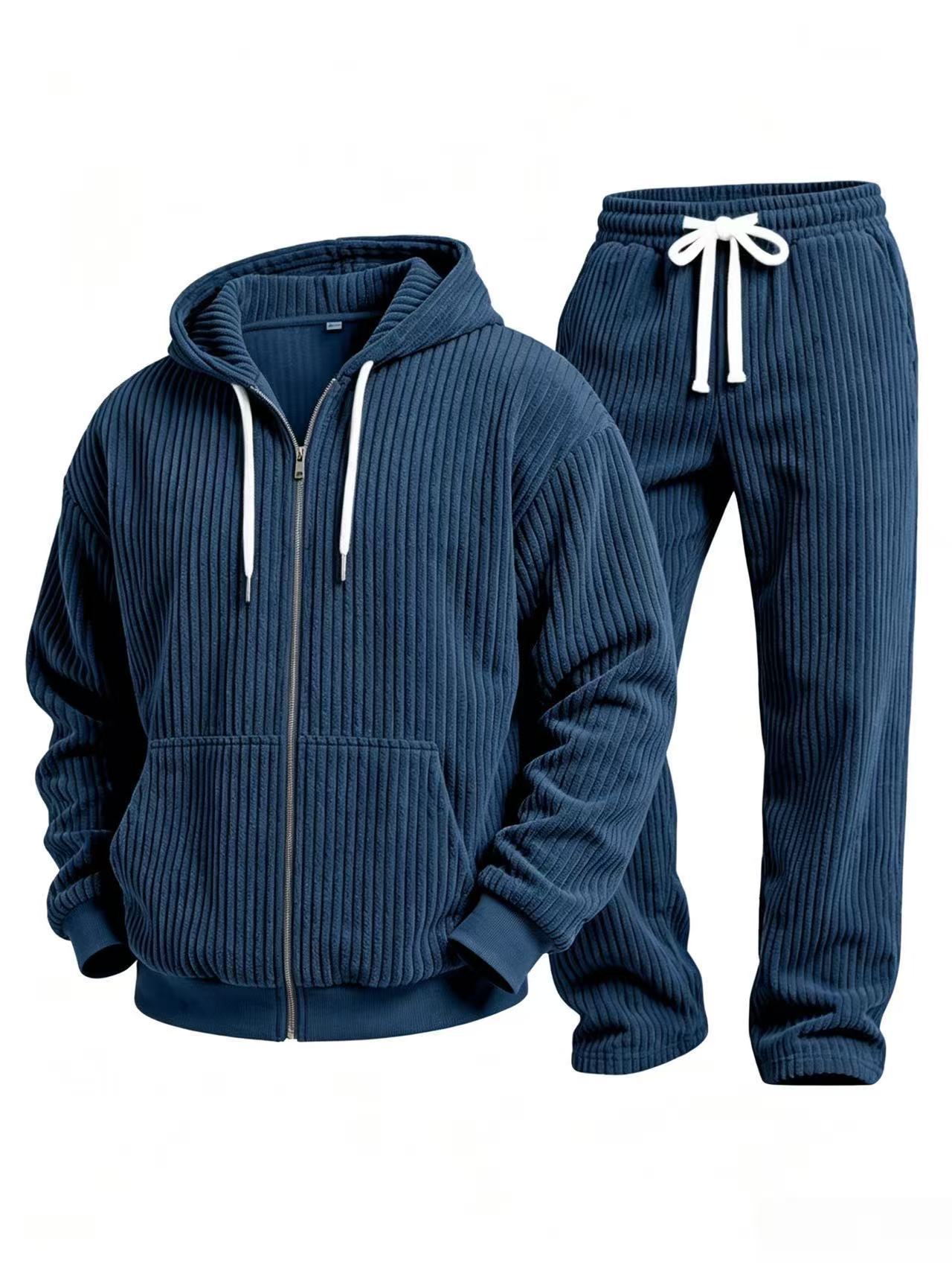 Corduroy solid color long sleeve hooded jacket and pants suit