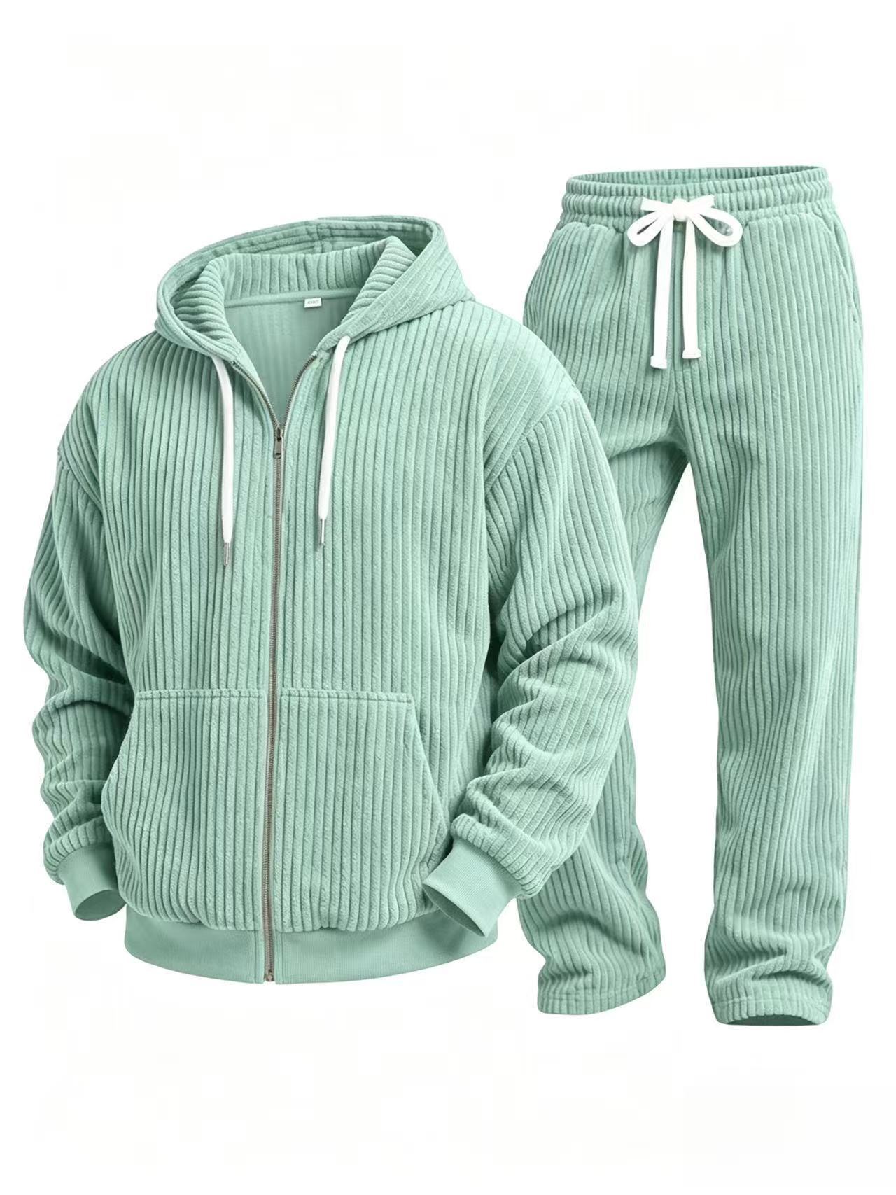 Corduroy solid color long sleeve hooded jacket and pants suit