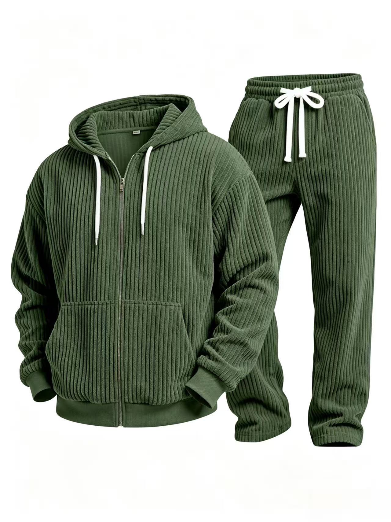 Corduroy solid color long sleeve hooded jacket and pants suit