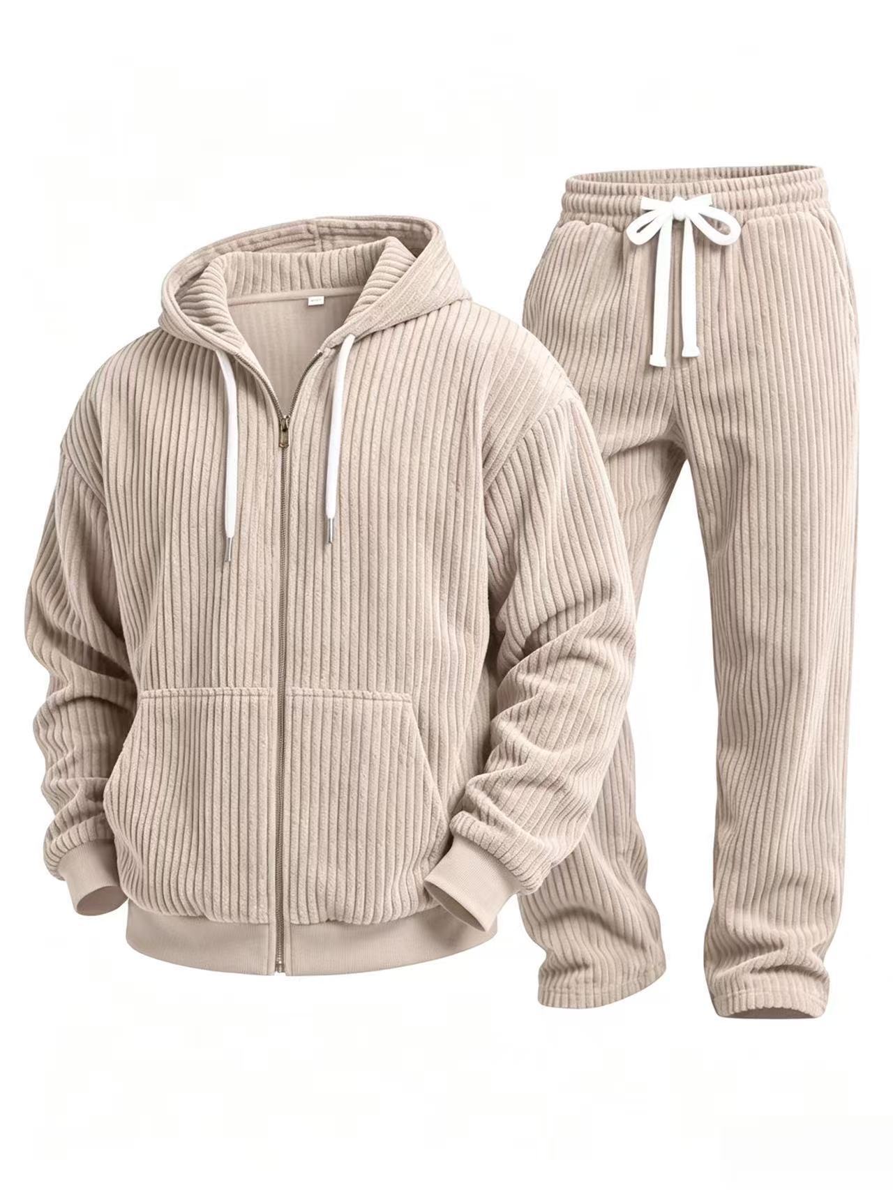 Corduroy solid color long sleeve hooded jacket and pants suit