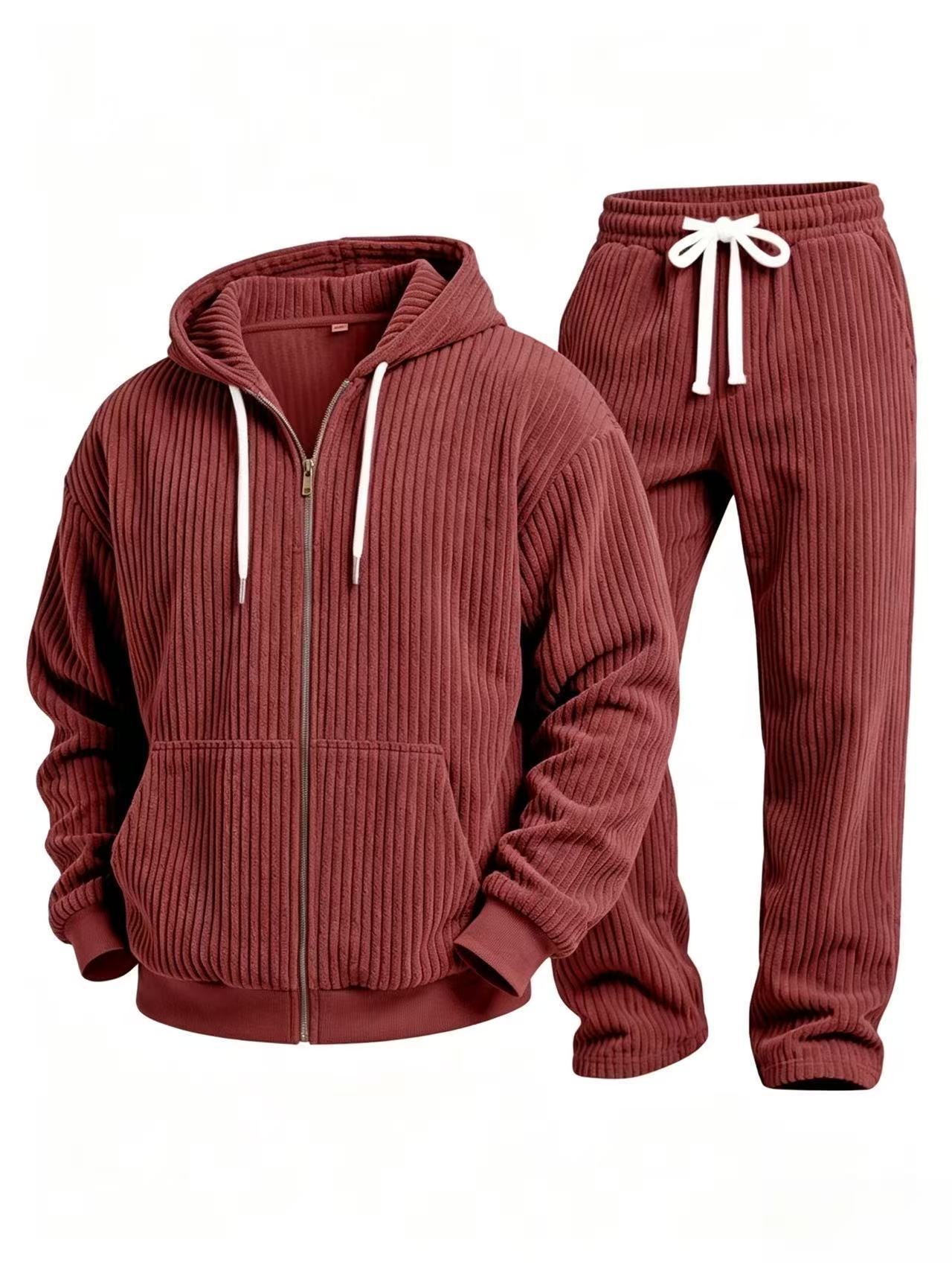 Corduroy solid color long sleeve hooded jacket and pants suit