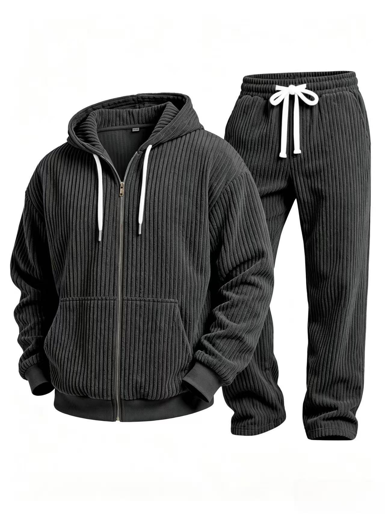 Corduroy solid color long sleeve hooded jacket and pants suit