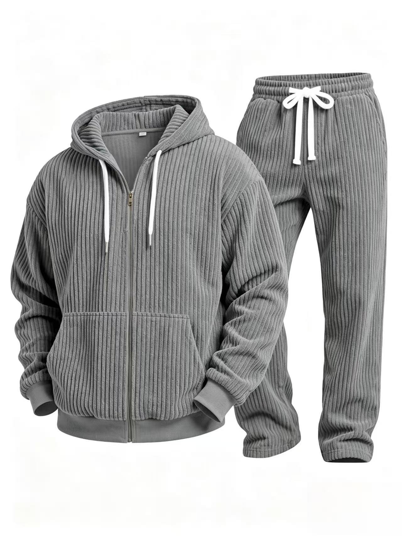 Corduroy solid color long sleeve hooded jacket and pants suit
