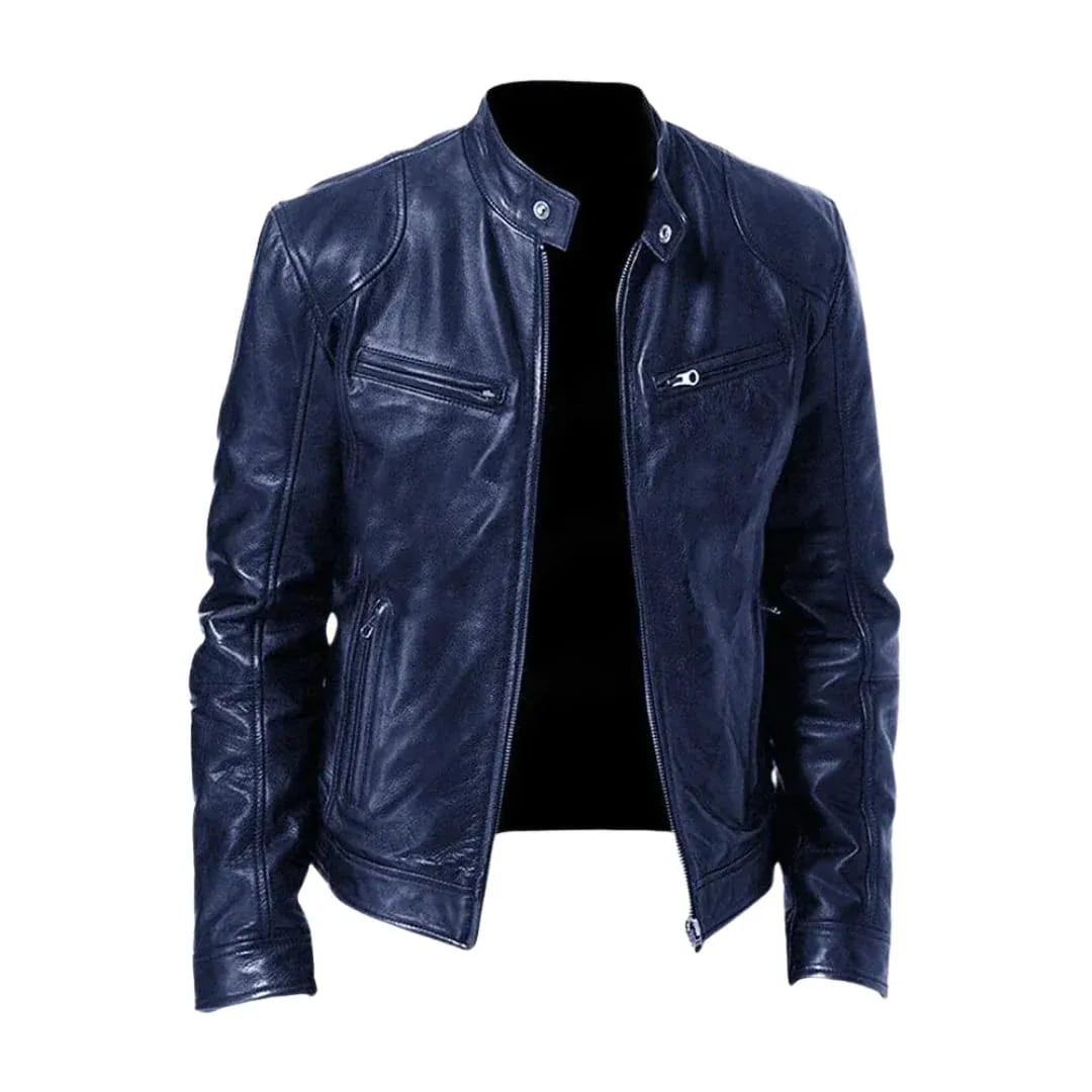 Men's Leather Racer Jacket with Stand Collar & Zip Pockets