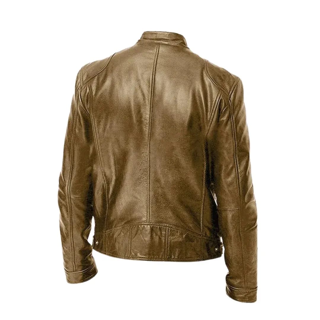 Men's Leather Racer Jacket with Stand Collar & Zip Pockets