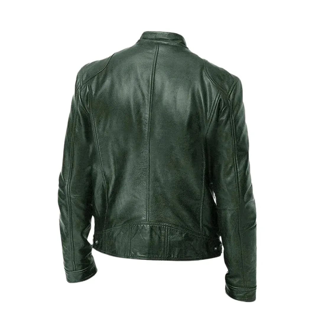 Men's Leather Racer Jacket with Stand Collar & Zip Pockets