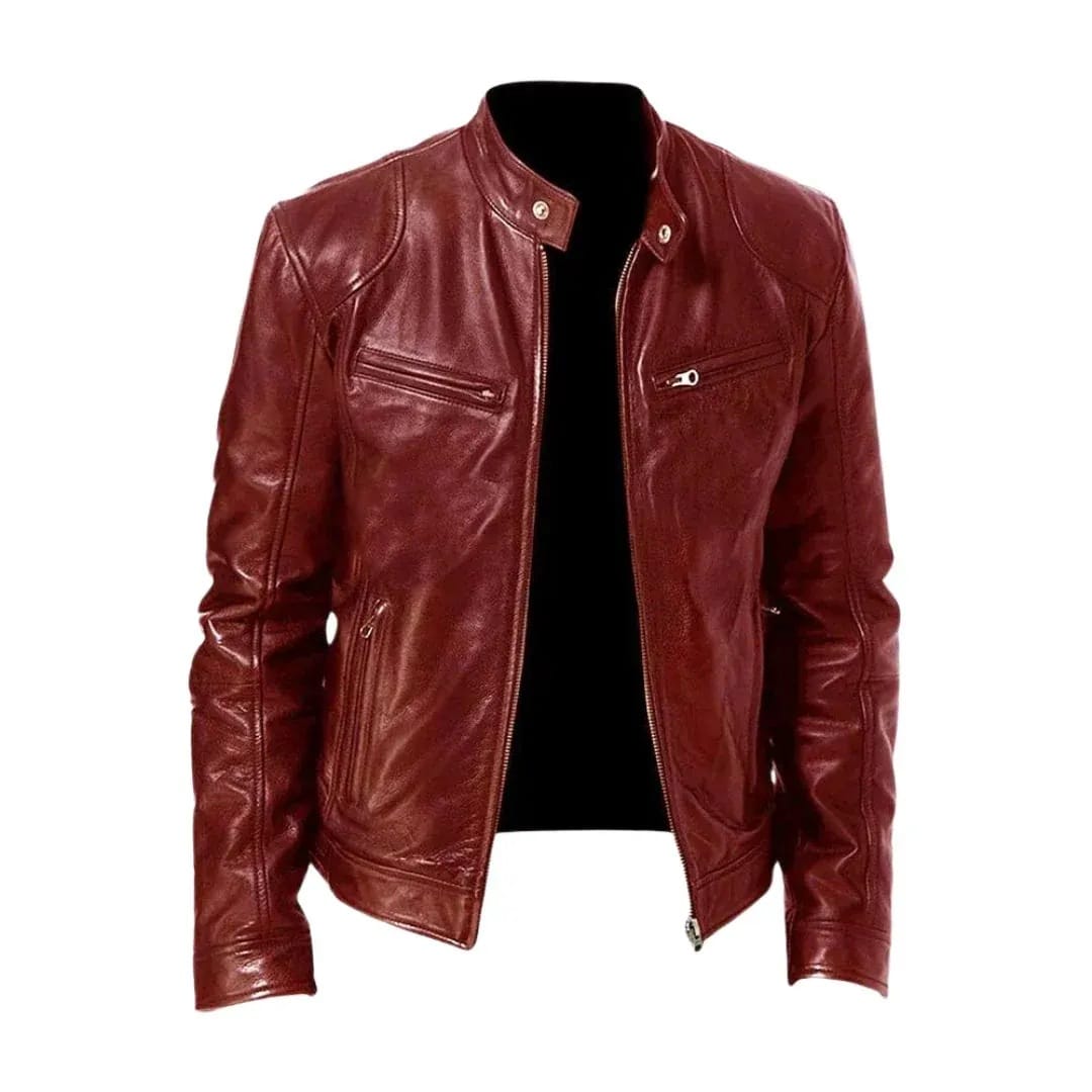 Men's Leather Racer Jacket with Stand Collar & Zip Pockets