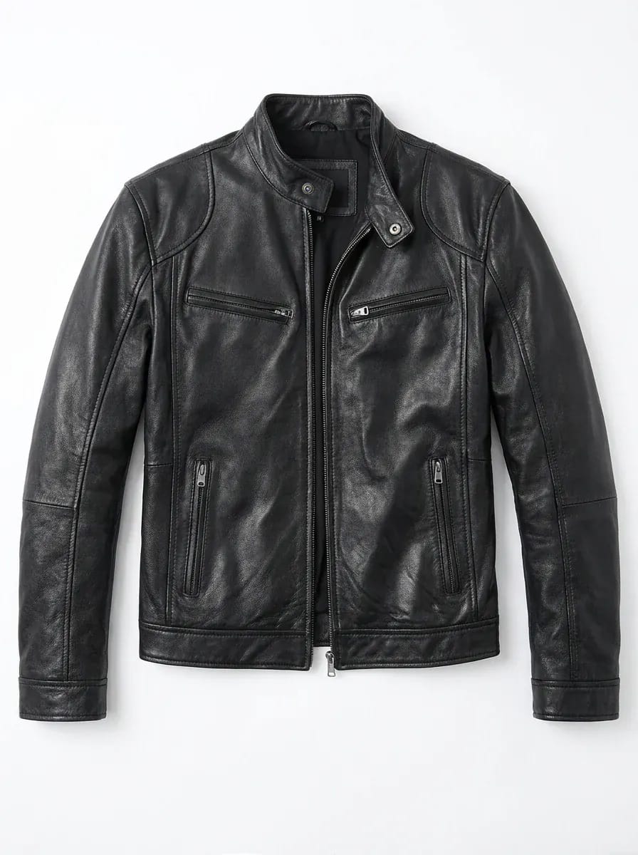 Men's Leather Racer Jacket with Stand Collar & Zip Pockets
