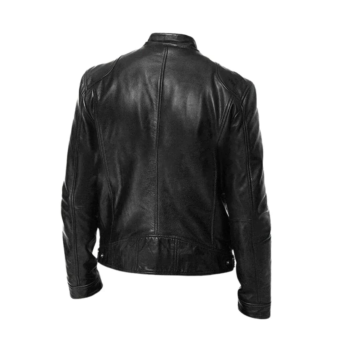 Men's Leather Racer Jacket with Stand Collar & Zip Pockets